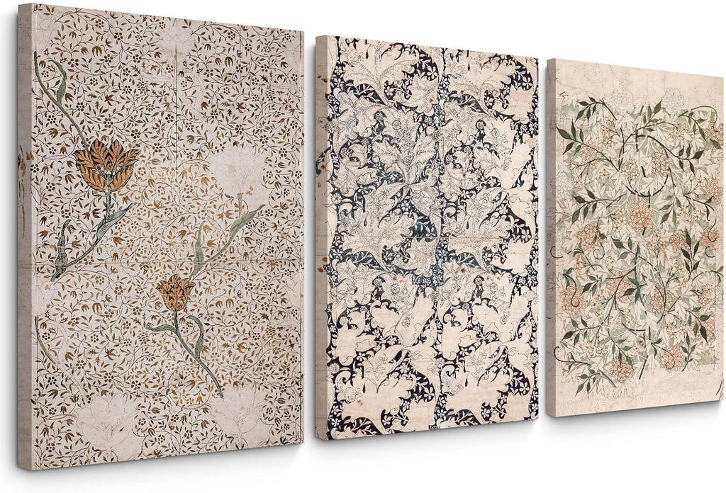 Vintage William Morris Wall Art Decor Boho Floral Botanical Canvas Pictures Abstract Neutral Flower Print Vintage Farmhouse Artwork Painting for Living Room Bedroom 24x36 Inch Wrapped Canvas Set of 3