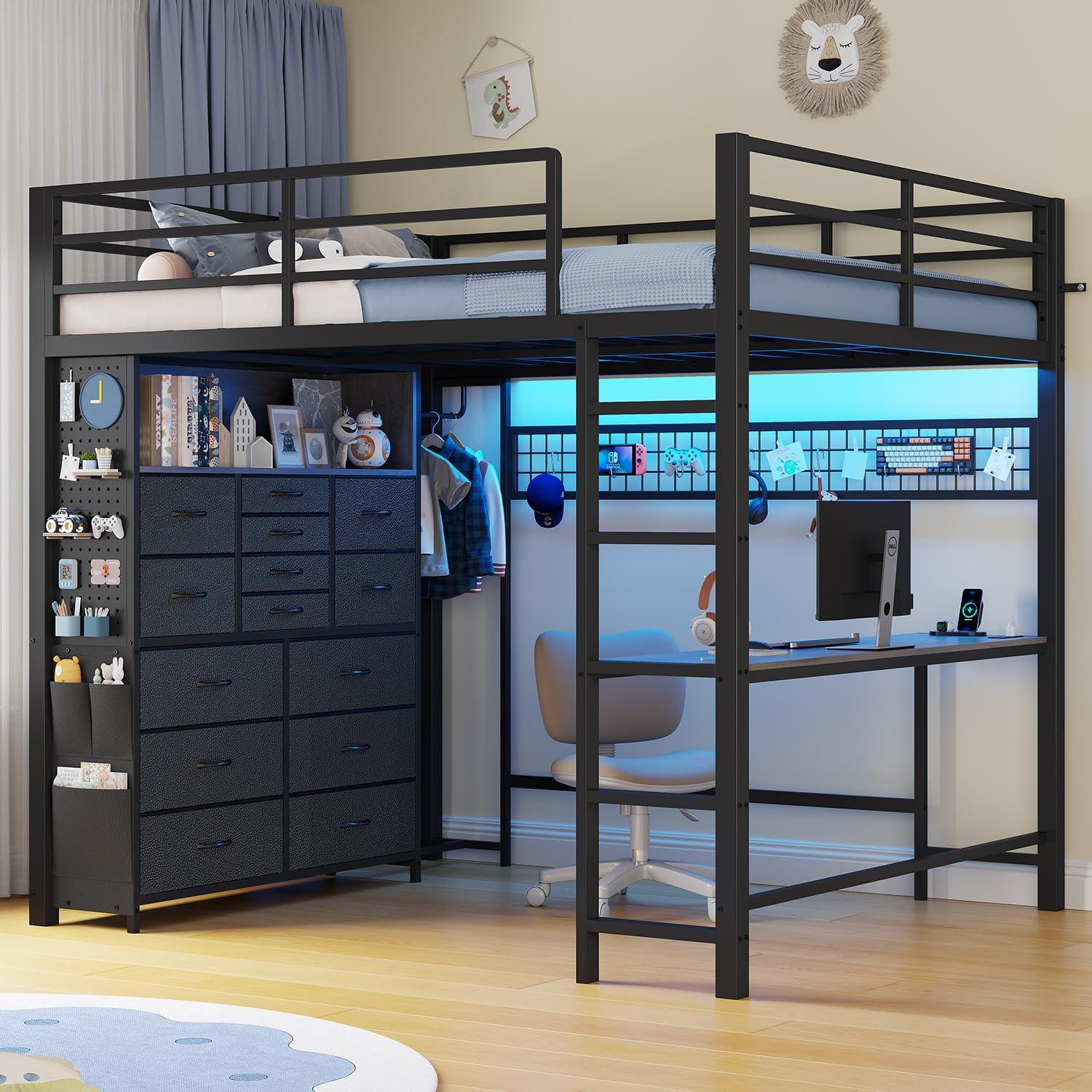 ADORNEVE Full Size Loft Bed with Desk,14 Storage Drawers & Power Outlet, Full Loft Beds with LED Lights, Pegboard, Metal Loft Bed with Safety Guardrail & Ladder, Space Saving for Teens, Black