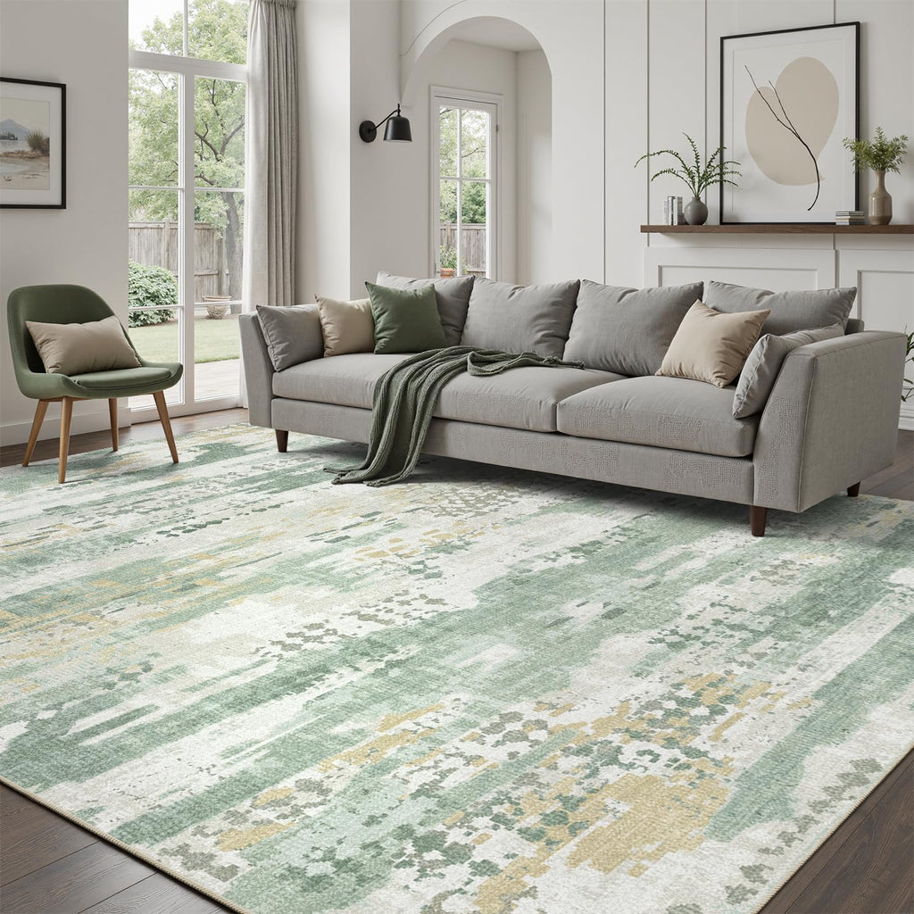 DCX Abstract Area Rug 10x14, Washable Sage Green Modern Rug for Living Room, Kid & Pet Friendly with Rubber Back Non Slip, Soft Low Pile Carpet, Stain Resistant Rug for Bedroom, Office, Dining Room