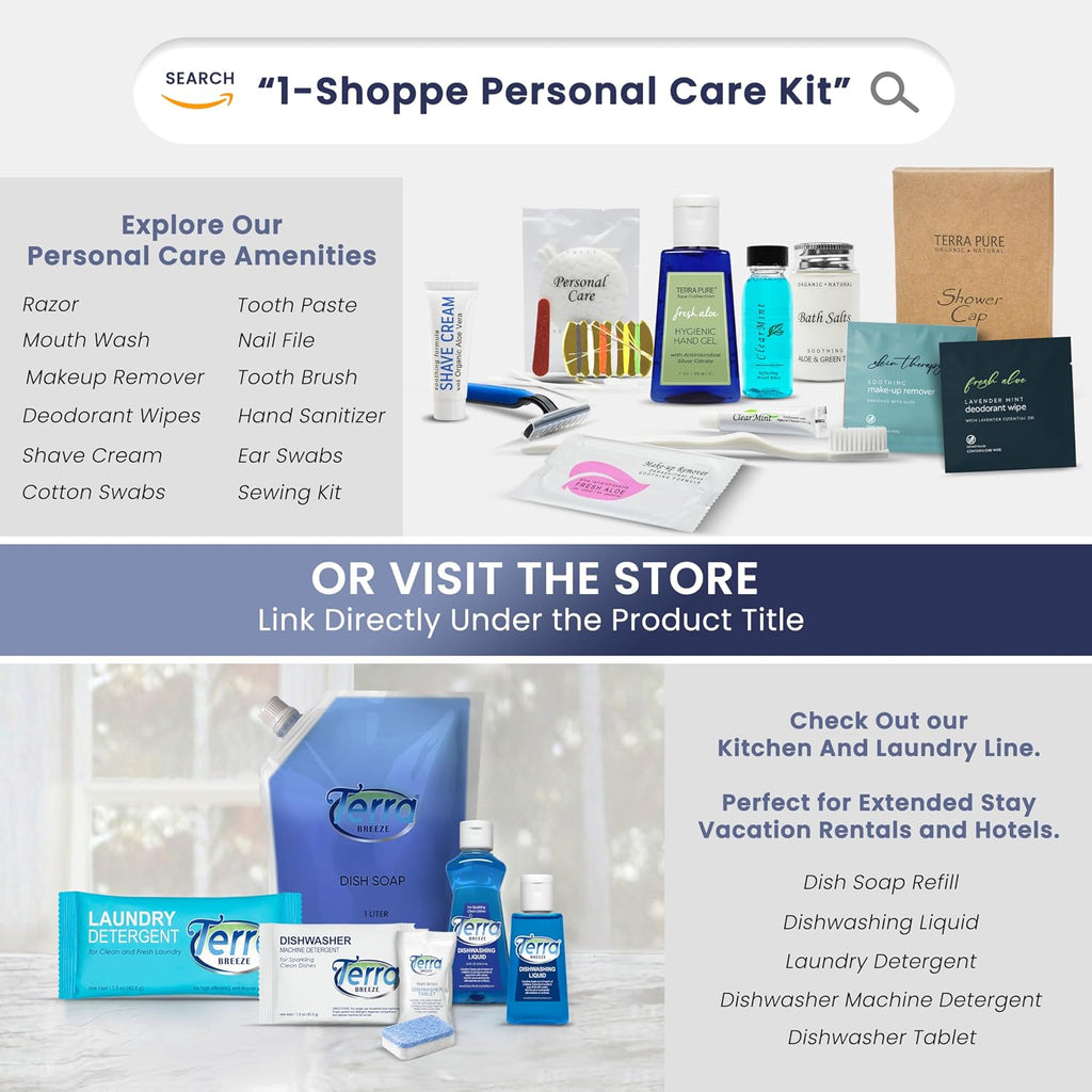 Terra Pure Aqua Organics Hotel Soaps & Toiletries Bulk Set | 1-Shoppe Amenities Kit | 1oz Shampoo & Conditioner, Body Wash, Lotion, 1oz Bar Soap | Travel Size | 150 Pieces