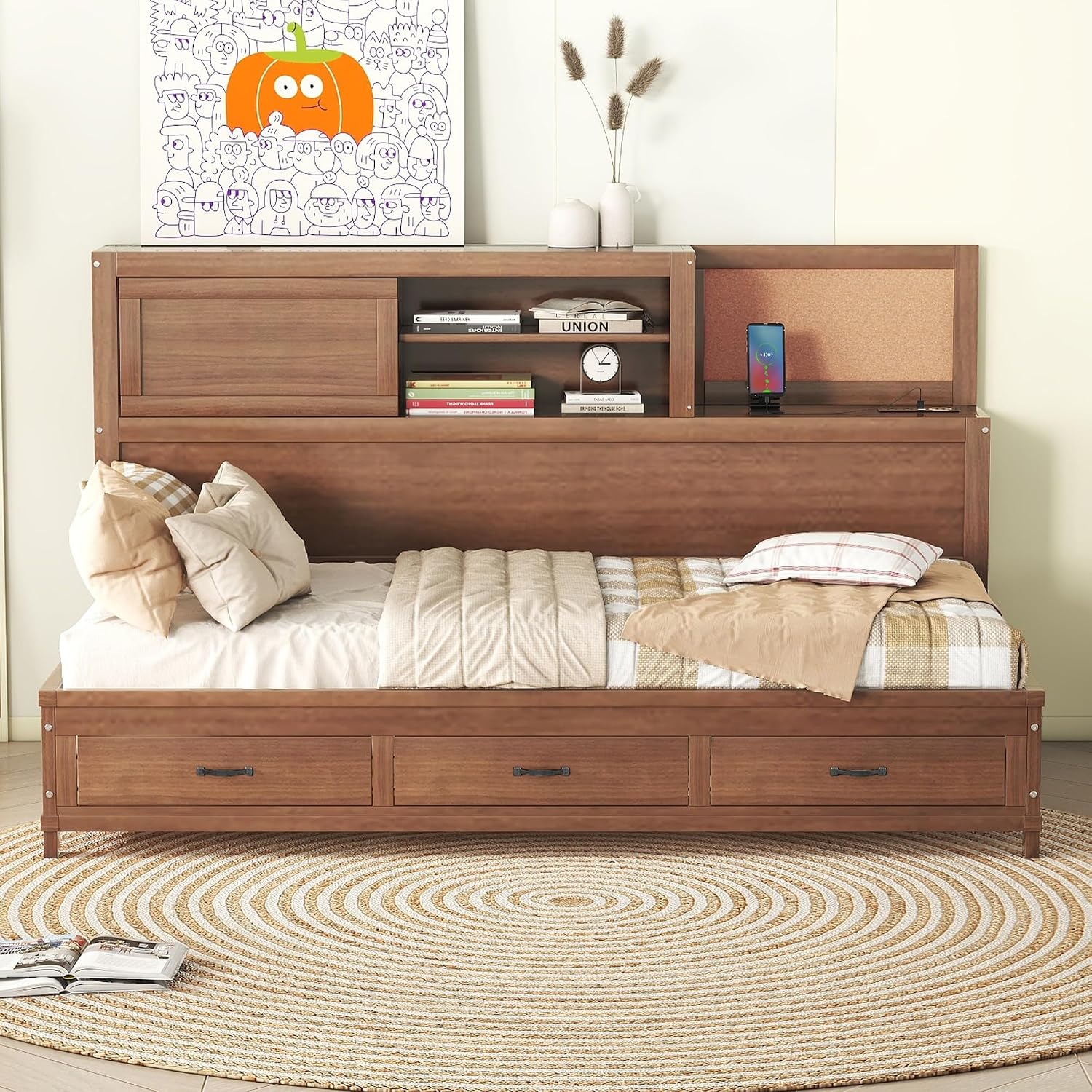 Twin Size Wooden Daybed with 3 Storage Drawers and Shelf, Multi-Functional Sofa Bed Frame with Upper Soft Board, USB Ports and A Set of Sockets for Kids Teens Adults (Brown-OP43)