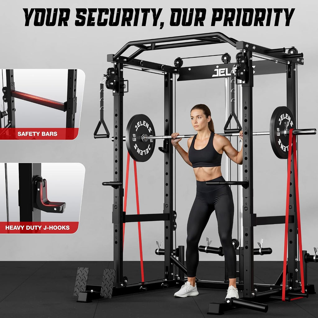 JELENS C12 Squat Rack for Home Gym, 2000LBS Power Rack with Adjustable Pulley System, Power Cage Workout Equipment with LAT Pulldown and Training Attachment
