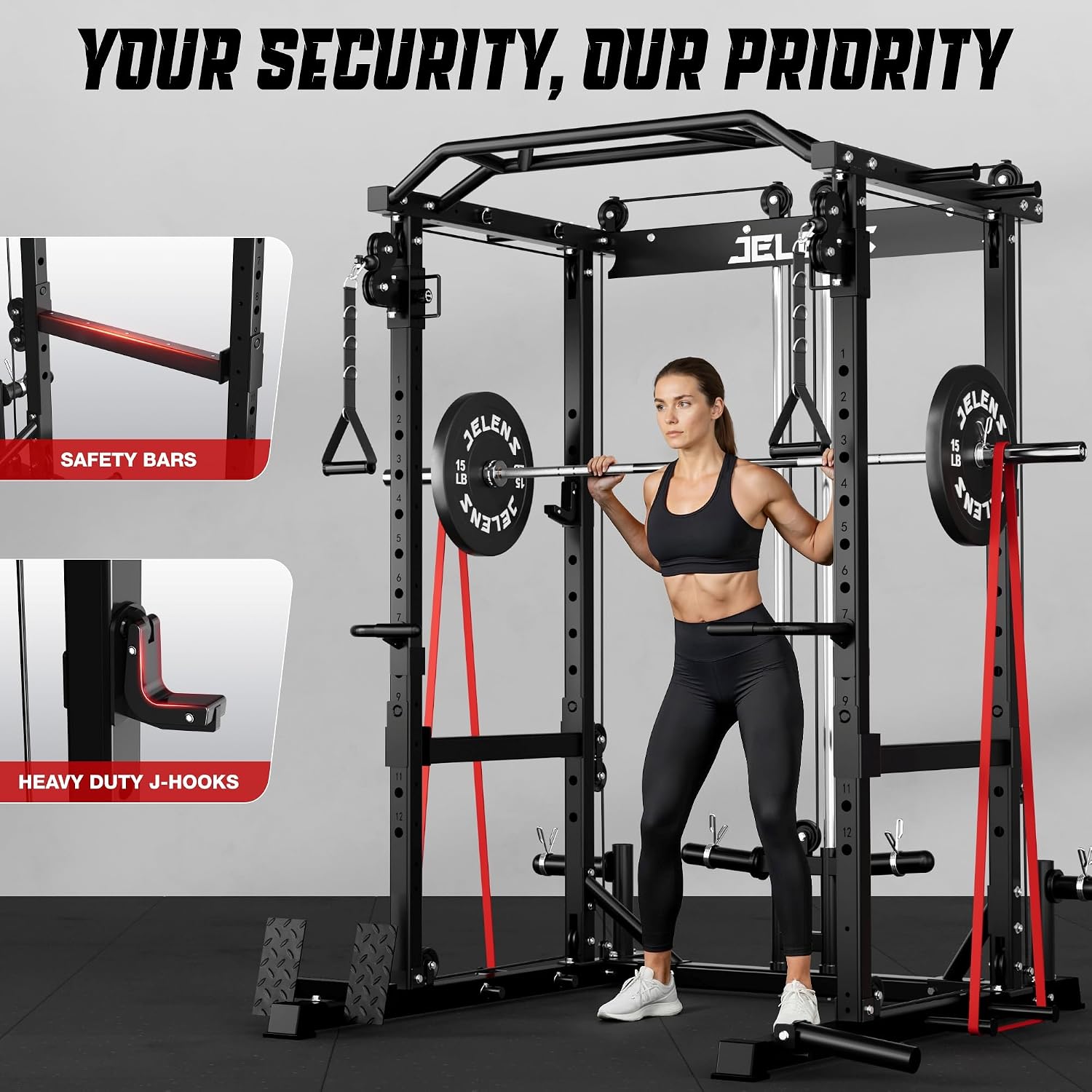 JELENS C12 Squat Rack for Home Gym, 2000LBS Power Rack with Adjustable Pulley System, Power Cage Workout Equipment with LAT Pulldown and Training Attachment