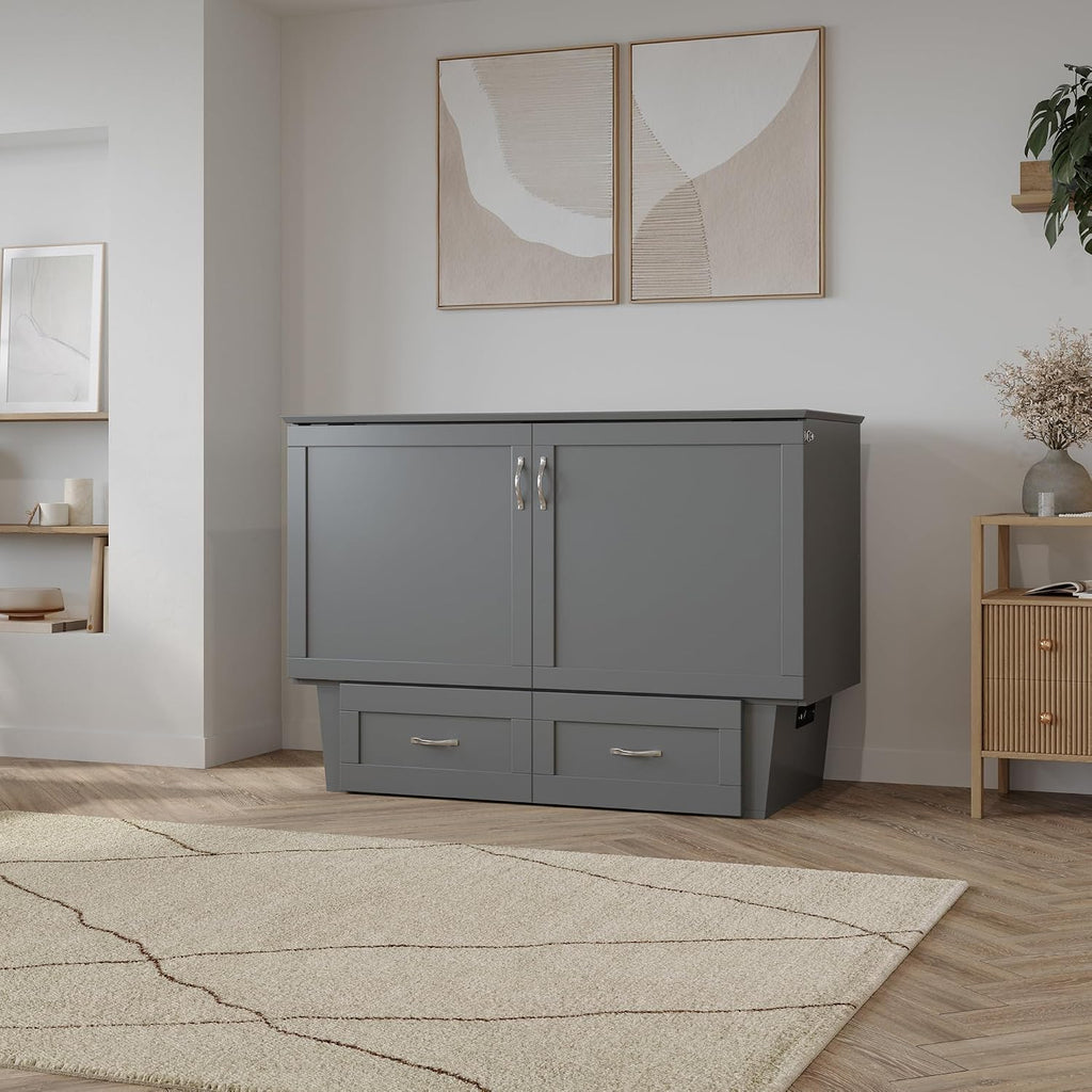 AFI, Monroe Full Murphy Bed Chest with 6' Mattress, Storage Drawer & Built-in USB Charger, Grey