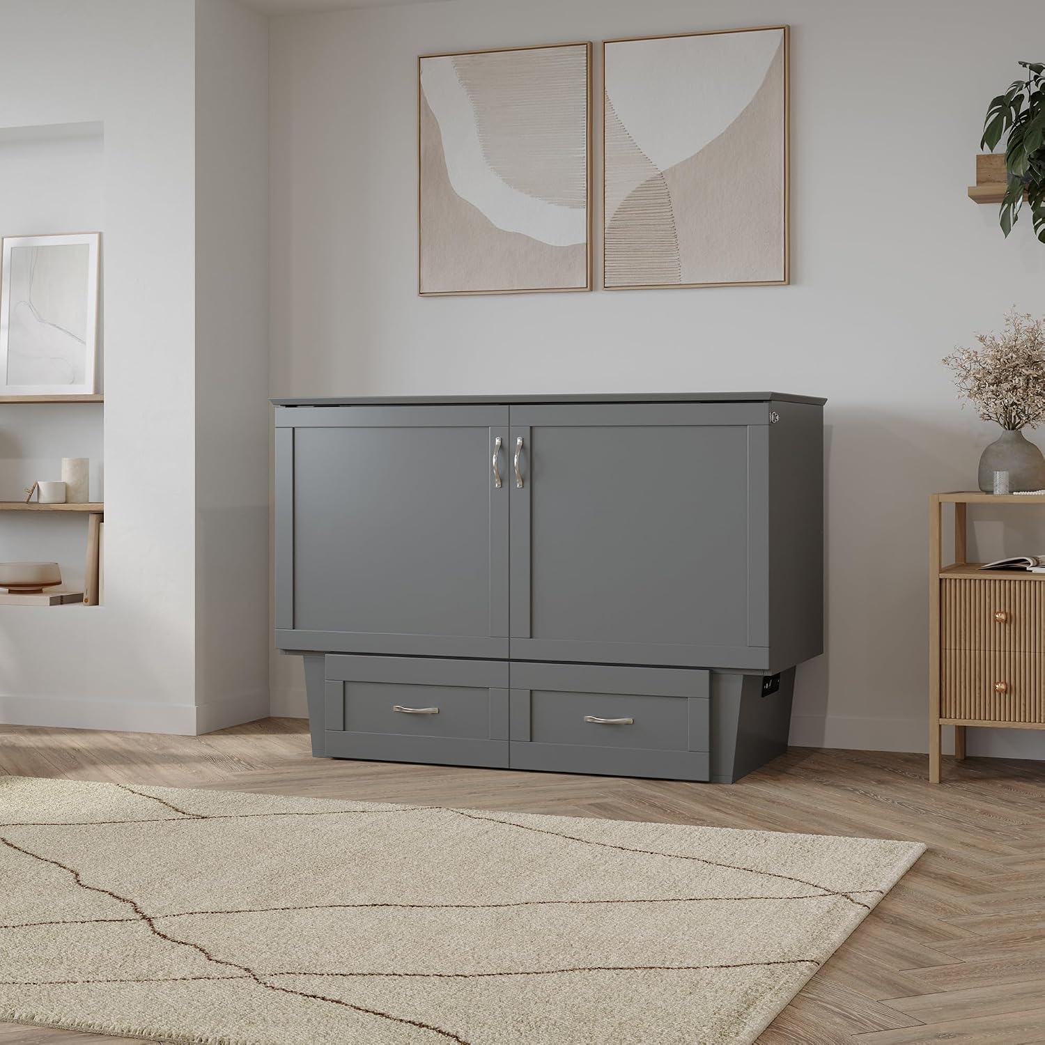 AFI, Monroe Full Murphy Bed Chest with 6' Mattress, Storage Drawer & Built-in USB Charger, Grey