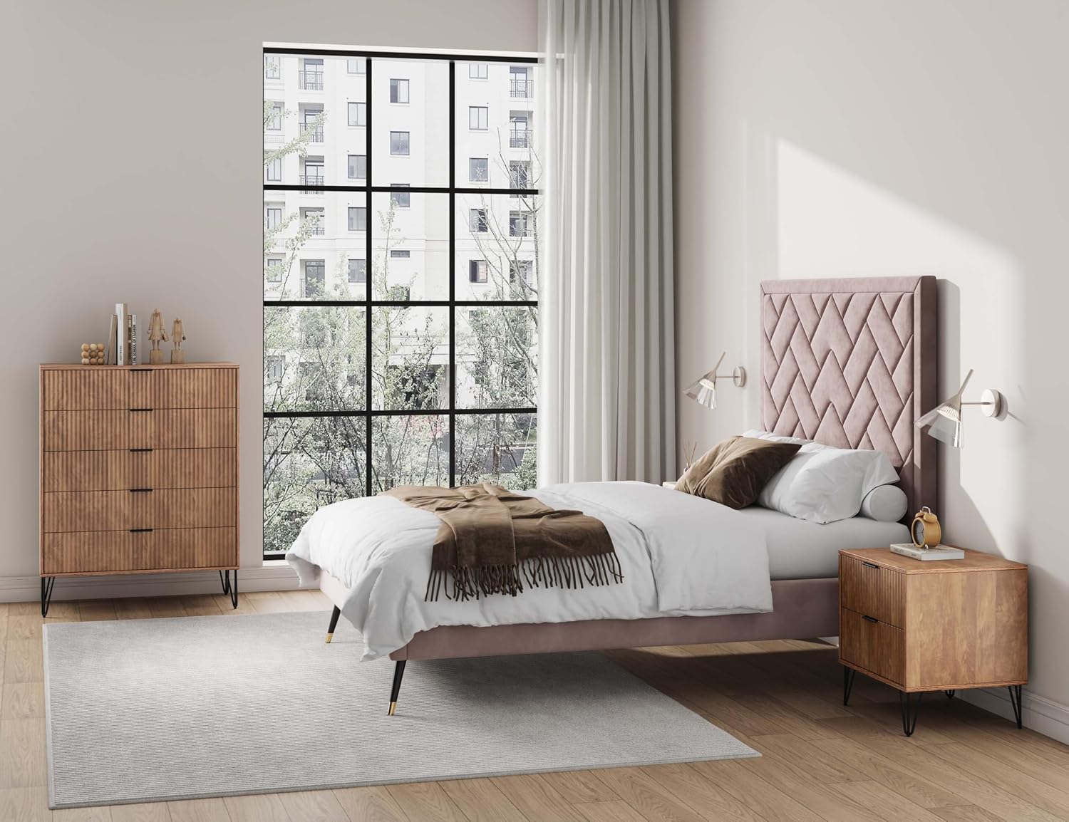 Manhattan Comfort Dumbo Modern 5-Drawer Tall Dresser and Nightstand 2.0 Set - Black Metal Accents - Vertical Ribbed Design - No Tool Assembly Storage for Bedroom & Living Room, Golden Brown