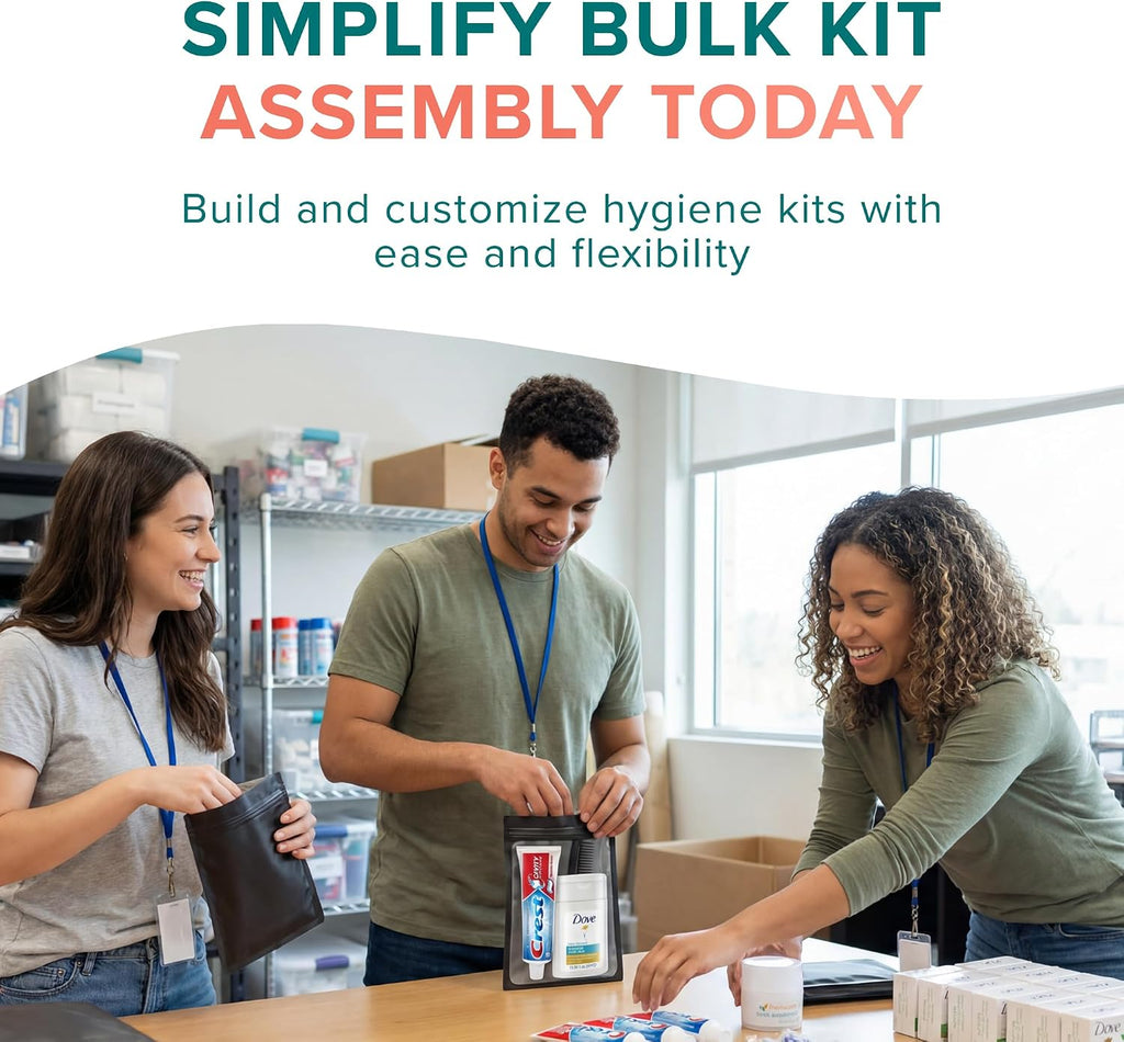 Assemble Your Own Hygiene Kit, Bulk Hygiene Essentials, Travel Size Toiletries Set with Comb, Toothbrush, Toothpaste, Shampoo, Deodorant, Bag and More (100 Pack)