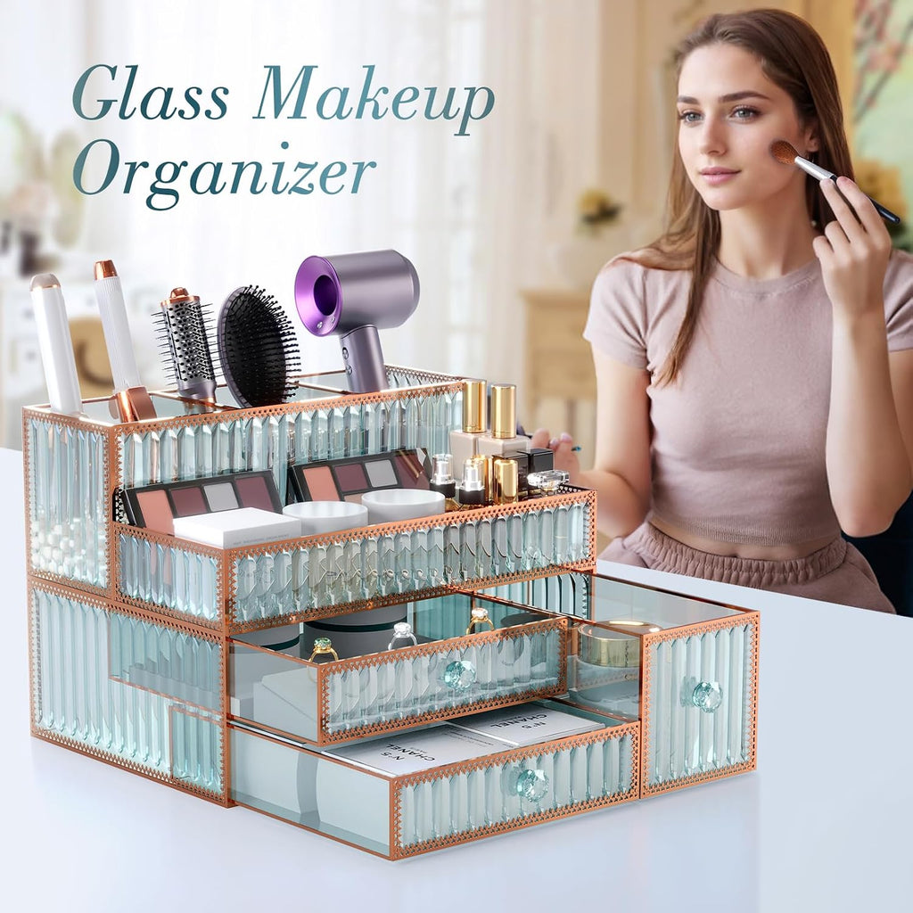 Youdepot 2-Piece Hair Tool and Jewelry Organizer Set – Tempered Glass Makeup, Jewelry, and Hair Styling Tool Storage for Vanity and Countertop – Elegant, Multipurpose Organizer for Home and Gift Use
