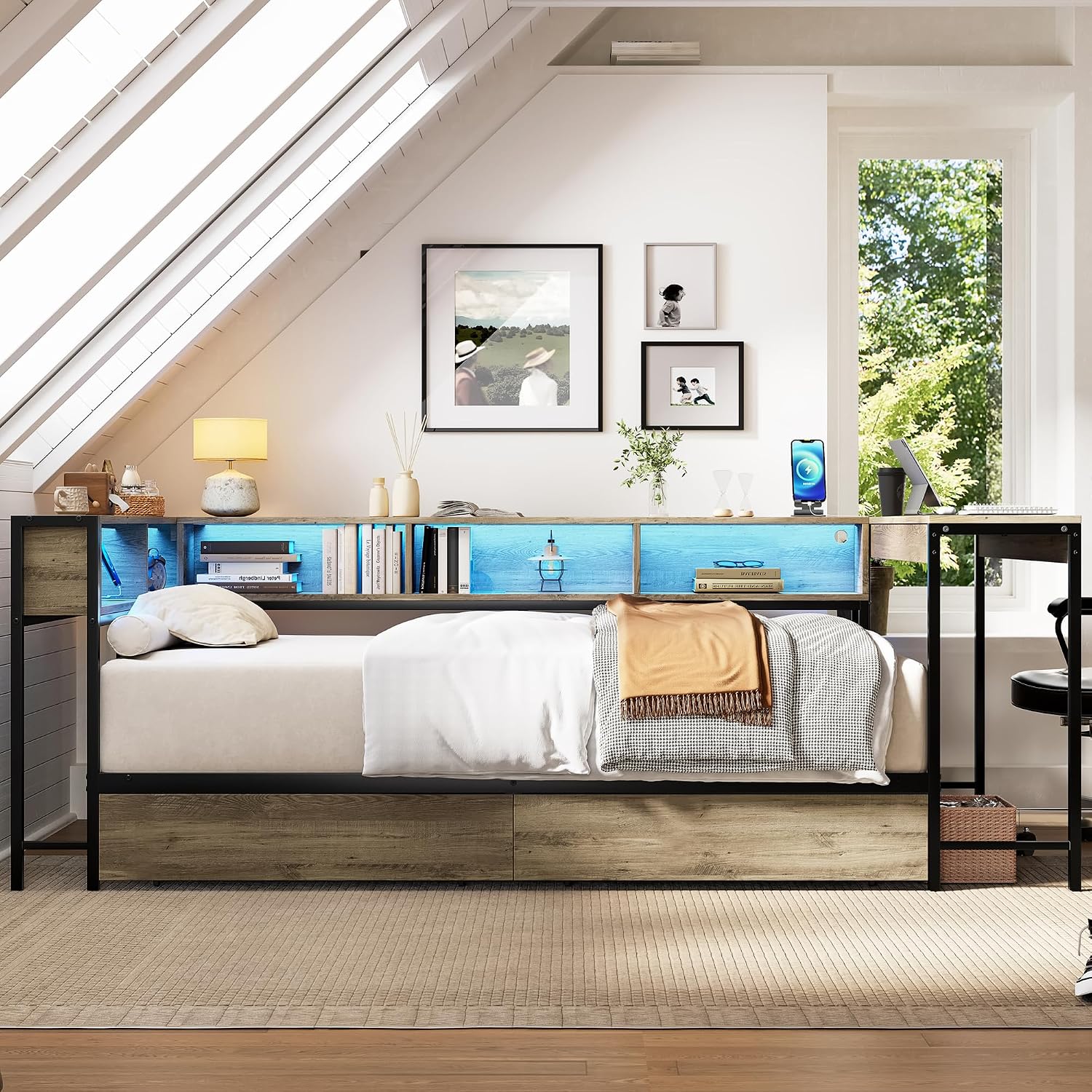 TTK Twin Size Corner Bed Frame with LED Lights, Bookcase Headboard, 2 Storage Drawers, Charging Station & Hutch Desk – Modern Metal Daybed for Bedroom, Guest Room or Living Room, Brown (Twin)