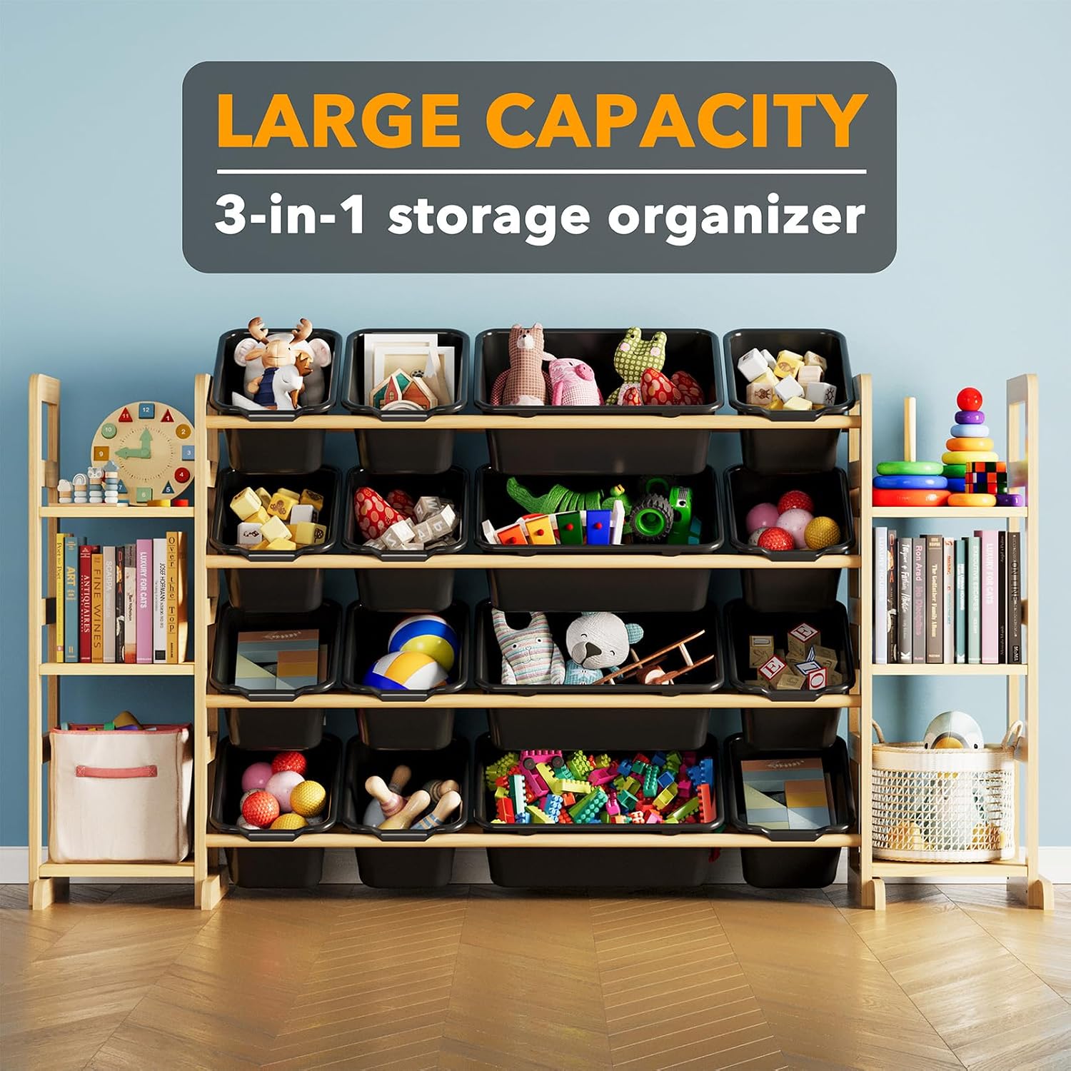 SpaceAid Toy Storage Organizer with 6 Shelves and 16 Bins, Toy Organizers Storage Bookshelf, Kids Bin Shelf Toys Box Bookcase for Bedroom Playroom Organization Room Decor, True Black