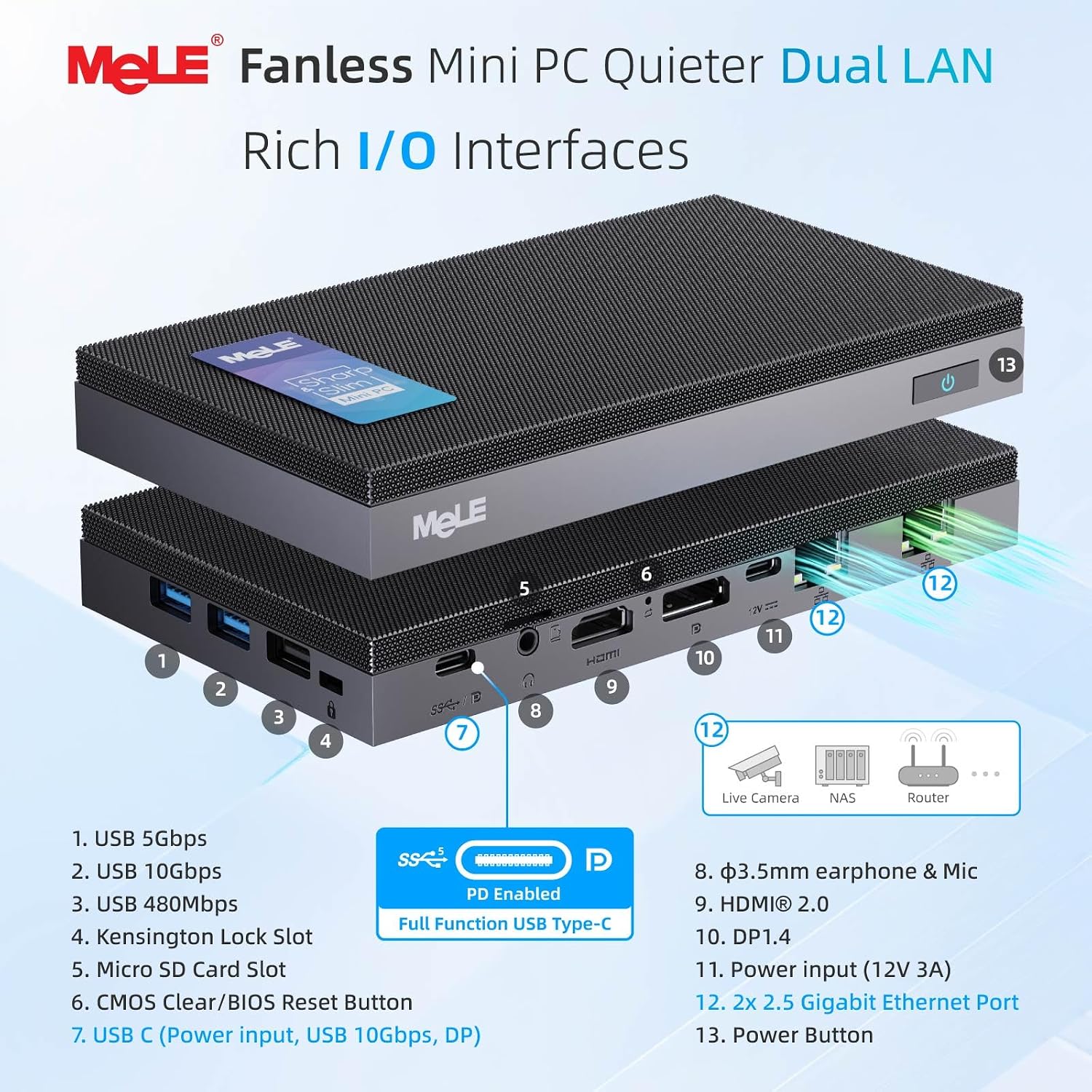 MeLE QuieterDL Ultrathin Fanless N100 Mini PC Dual 2.5G LAN 4GB 128GB Micro PC Windows 11 Home HDMI 4K USB-C DP1.4 Triple Display 2.4/5GHz WiFi BT5.1 Small Desktop Computer on Soft Router, NAS, IoT