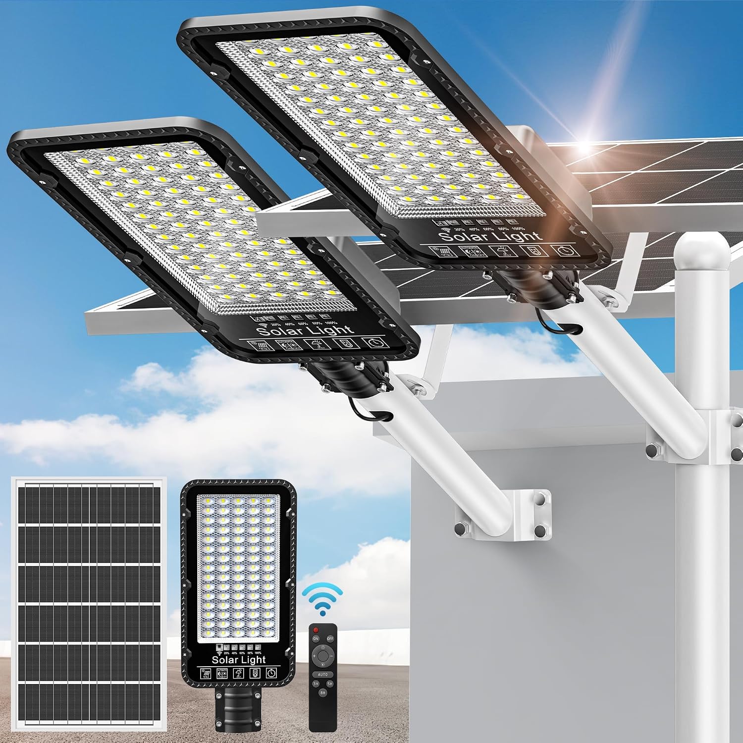12000W Split-Type Solar Street Light Outdoor – High-Brightness LED, 6500K Dusk to Dawn, IP66 Waterproof with Remote, Commercial & Industrial Lighting for Parking Lots, Farms, Sports Fields(2Pack)