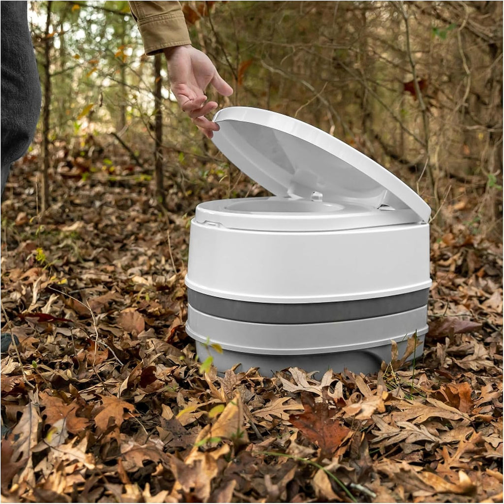 Camco RV Premium Travel Toilet - Features a 5.3-Gallon Detachable Holding Tank, Pump Flush Design & Spring-Loaded Latch (41535)