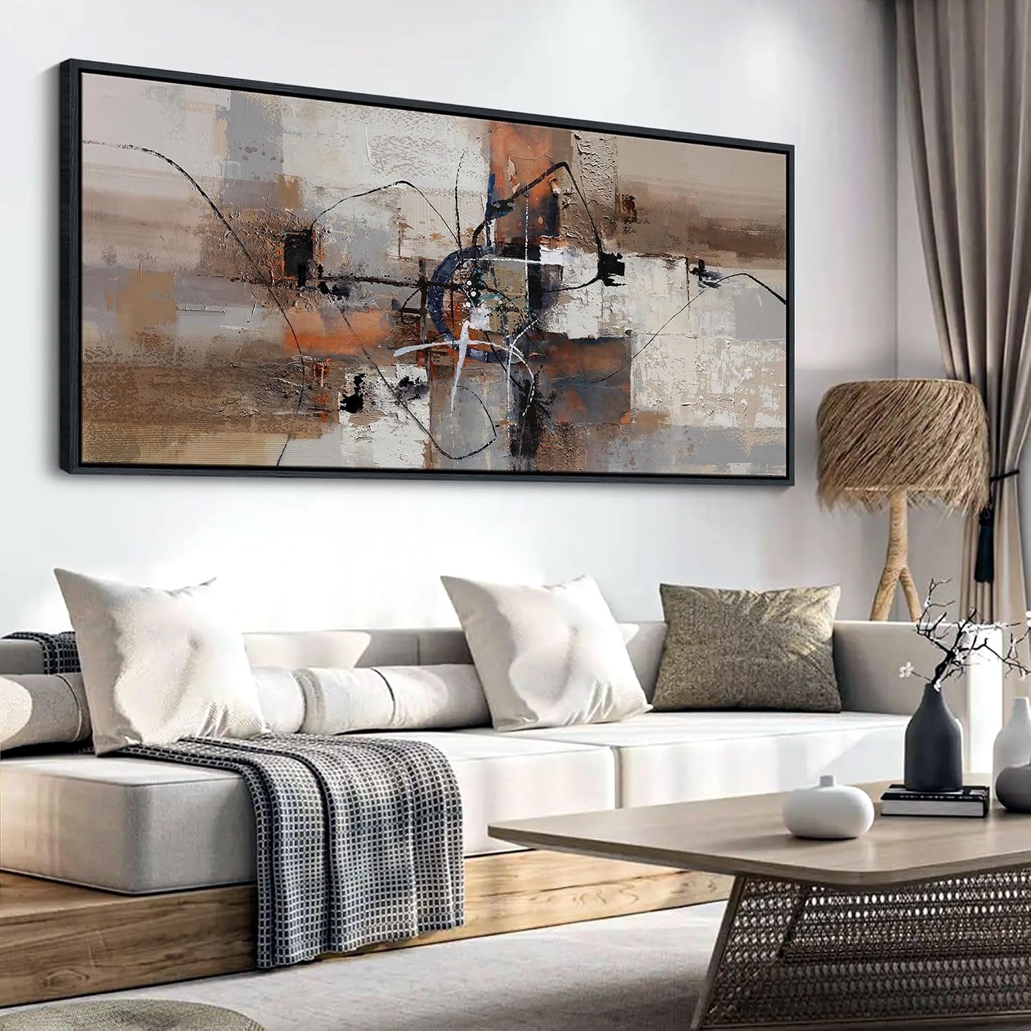 YDYSUNE Abstract Painting Wall Art Textured Picture for Living Room Orange Home Bedroom Decoration Modern Framed Extra Large Artwork Decor 70x31IN Brown Gray Wall Decoration