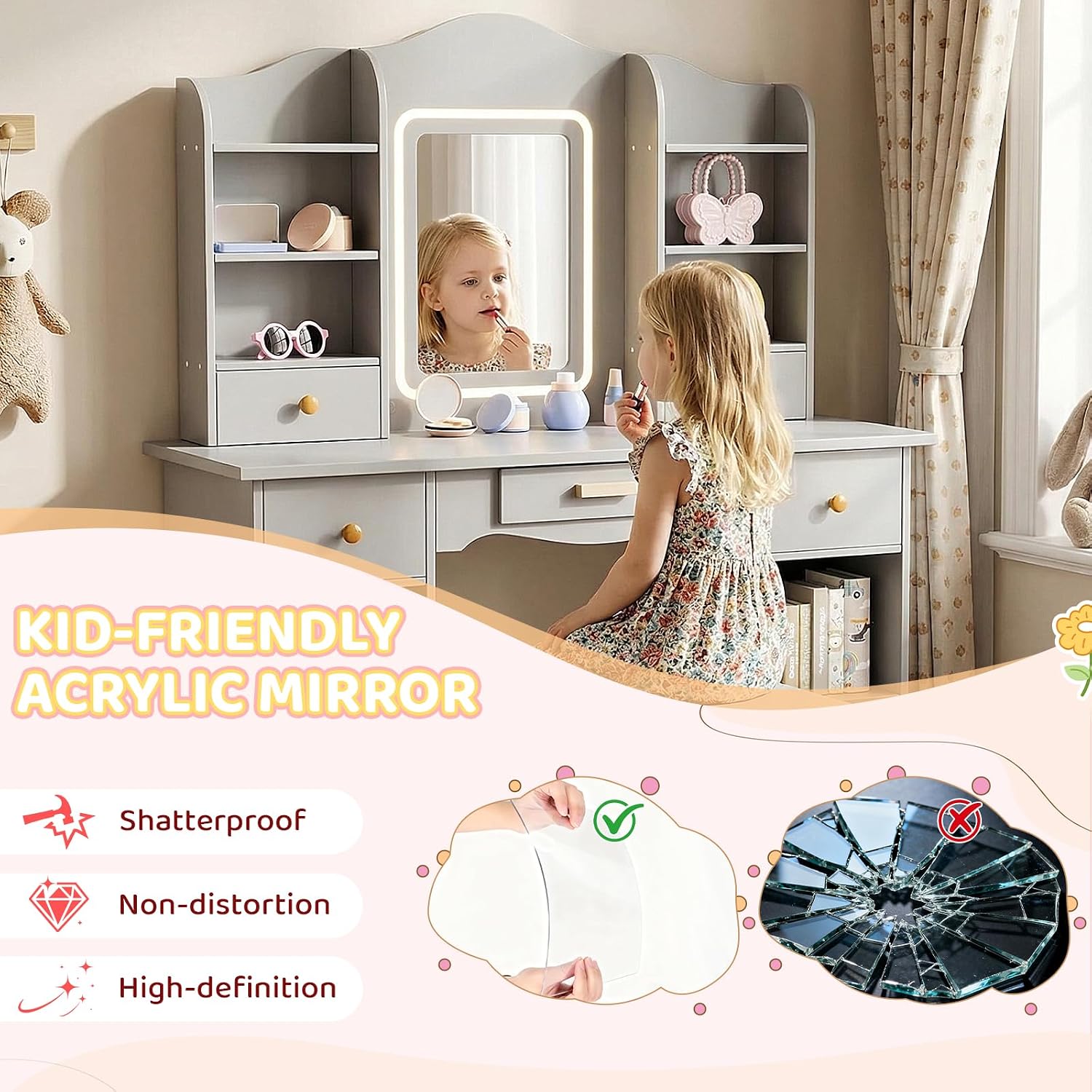 Arlopu Kids Vanity with 3-Color Lights, Girls Vanity Set w/Large Storage, Mirror ＆ Stool, 2 in 1 Princess Wooden Pretend Play Makeup Desk, Dressing Table and Chair, Open Shelves, Drawer (Grey)