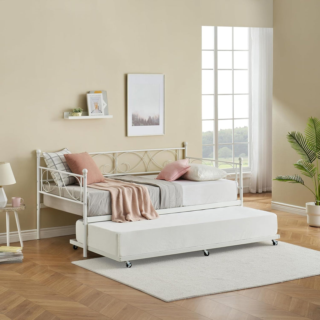 Heavy Duty Twin Daybed with Trundle, Metal Sofa Bed Frame with Floral Headboard & Slats, No Box Spring Needed, Multifunctional Platform Bed for Guest Room, Bedroom,White