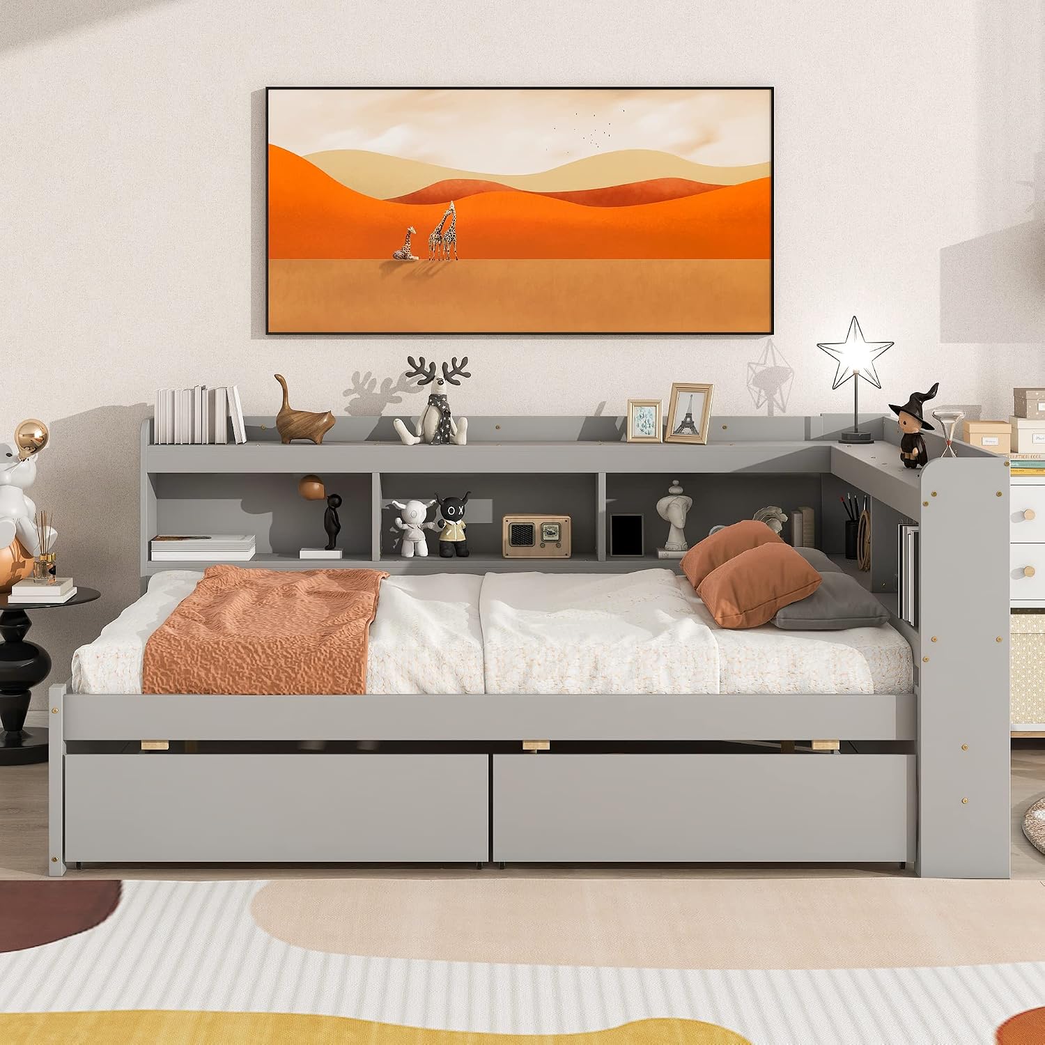 Full Size Platform Bed with L-Shaped Storage Shelfs and Bookcases, Pine Wood Day Bed with 2 Storage Drawers for Office/Living Room/Bedroom, Maximize Space (Gray)