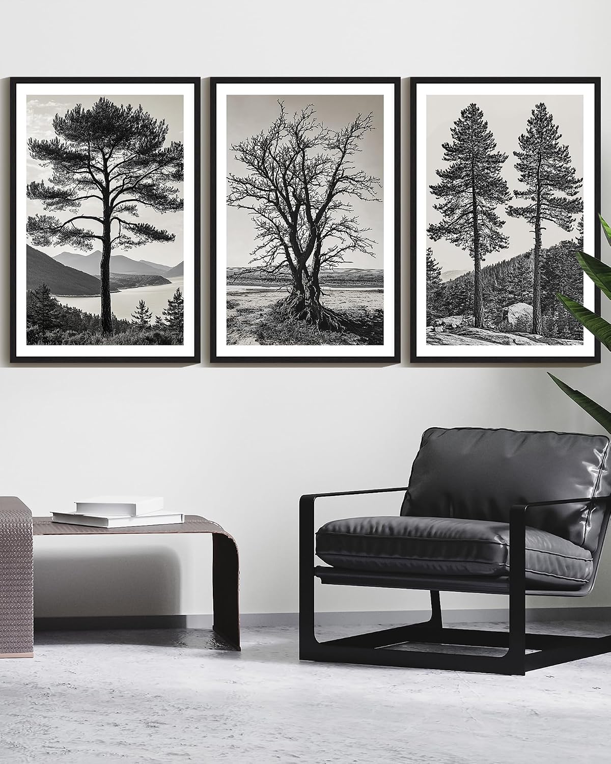 KUVIOKE Vintage Tree Framed Wall Art Black and White Retro Antique Forest Drawings Nature Wilderness Sketch Wall Painting Modern Bedroom Decor 24x36in (Black Framed)