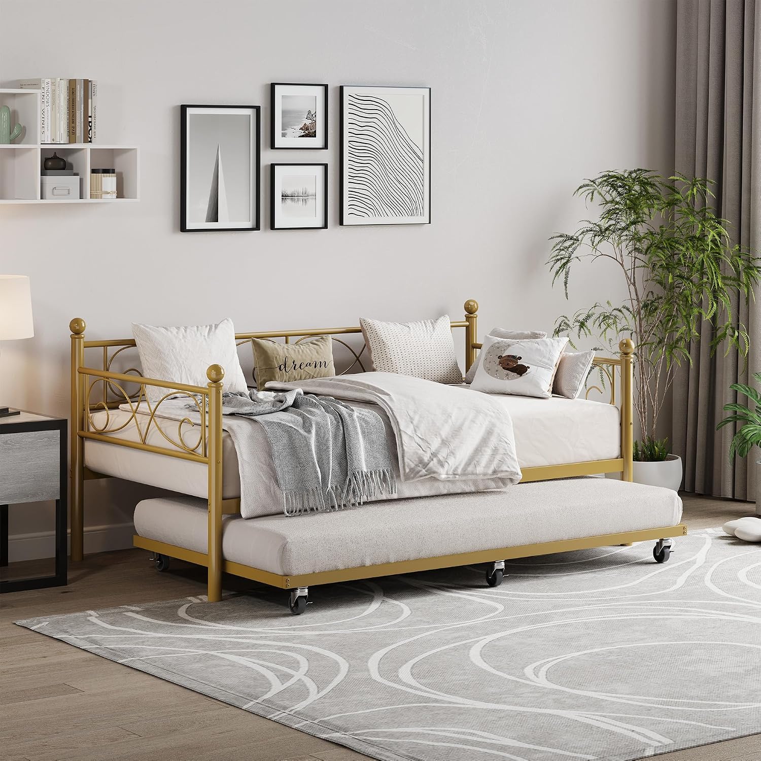 Heavy Duty Twin Daybed with Trundle, Metal Sofa Bed Frame with Floral Headboard & Slats, No Box Spring Needed, Multifunctional Platform Bed for Guest Room, Bedroom,Set Gold Twin Size