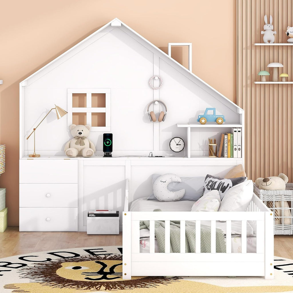 Harper & Bright Designs Twin Platform Bed with Window and Bedside Drawers, Wood Twin Size House Bed with Shelves, a Set of Sockets and USB Port, White