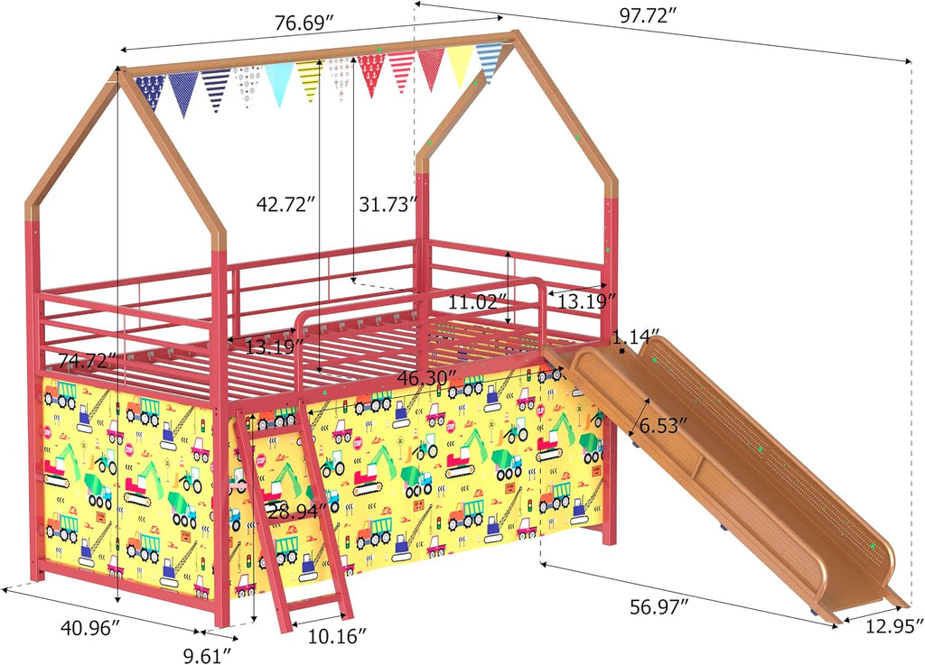 Jack Metal Junior House Twin Loft Bed with Slide and Curtain Set Gold 76.69' W x 97.83' L x 74.65' H