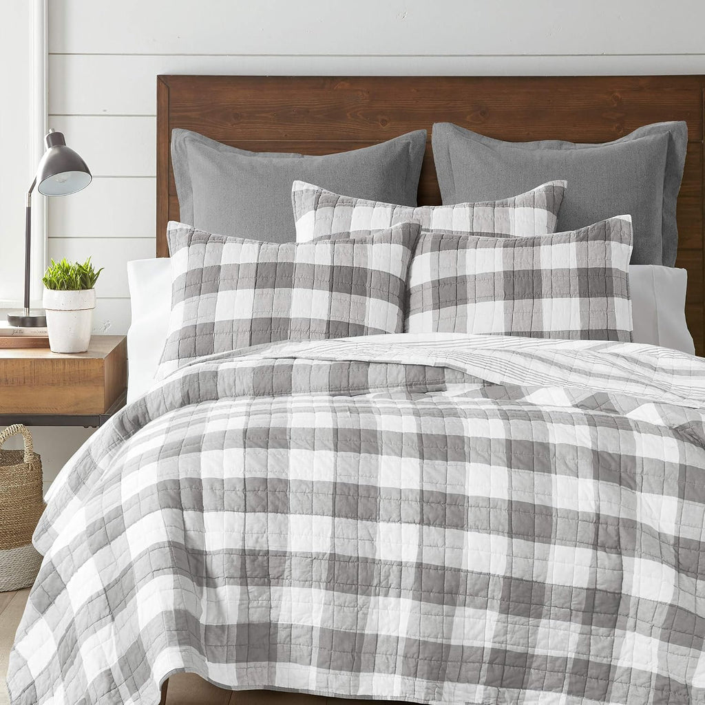 Levtex Home - Camden Bedspread Set - Full (96 x 110 in.) + Two Standard Pillow Shams (26 x20 in.) - Buffalo Check in Grey and Cream - Reversible Pattern - Cotton