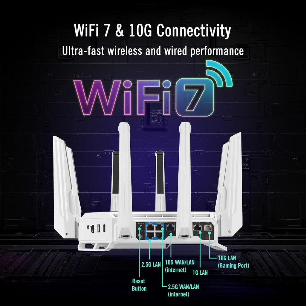 ASUS GT-BE19000AI Tri-Band WiFi 7 (802.11be) AI Gaming Router, 320MHz Bandwidth & 4096-QAM, MLO, Dual 10G Ports, AI Game Boost, Gaming Network, Aura RGB, AiMesh Support, Guest Network Pro