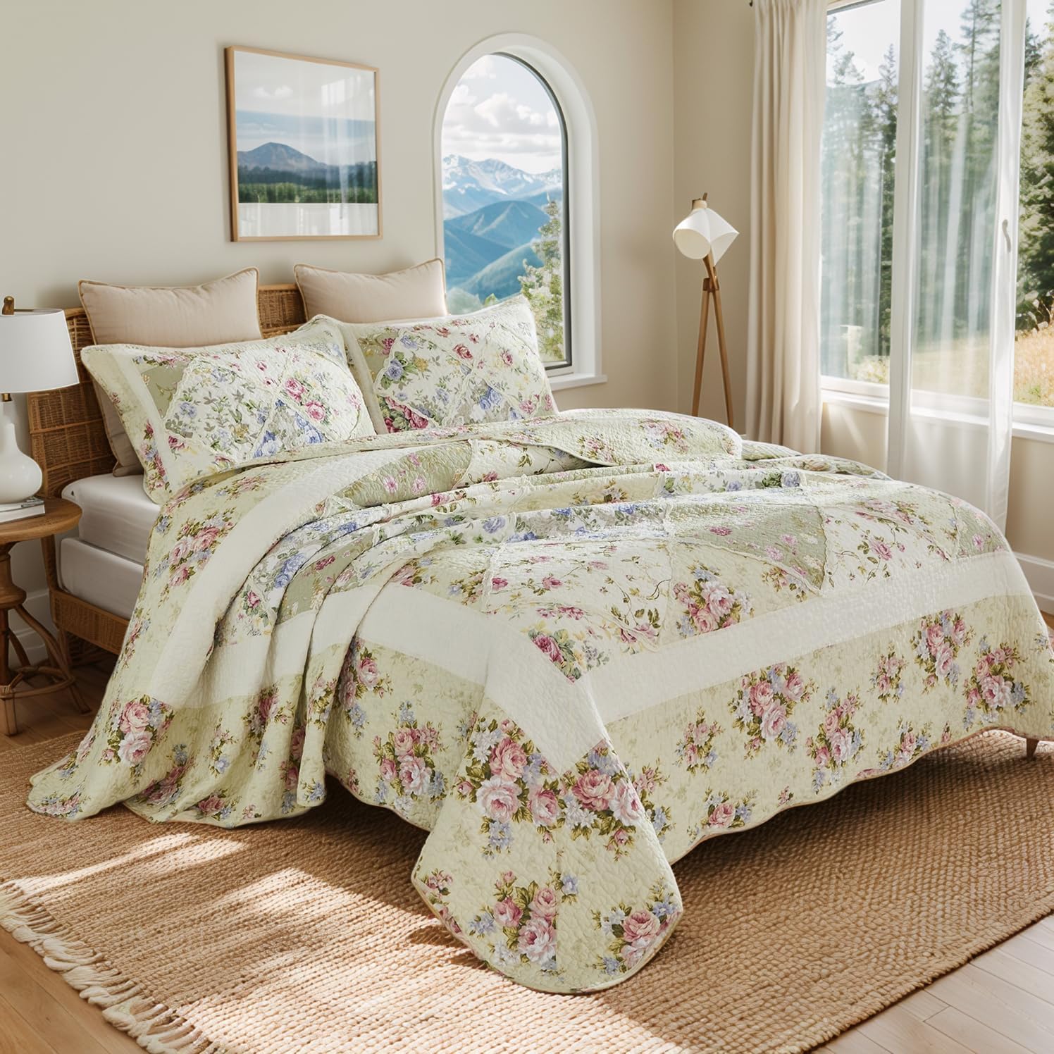 Brandream Patchwork Quilts Cotton Queen Size Country Rustic Rose Floral Bedding Coverlet Set 3-Piece Pale Yellow