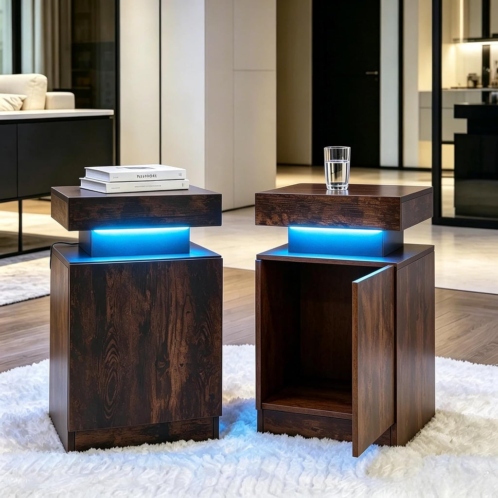 Nightstand with LED Lights Set of 2, 2 Pieces Bedside Tables with Storage Cabinet, Modern End Tables for Bedroom, Brown
