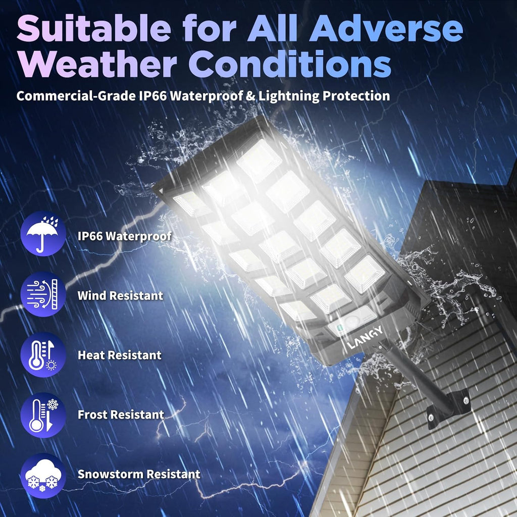 LANGY Solar Street Lights Outdoor Waterproof 4pcs, 6500K 60000LM Wide Angle Solar Powered Flood Lights with Motion Sensor & Remote Control, Dusk to Dawn Commercial Solar Outdoor Lights for Parking