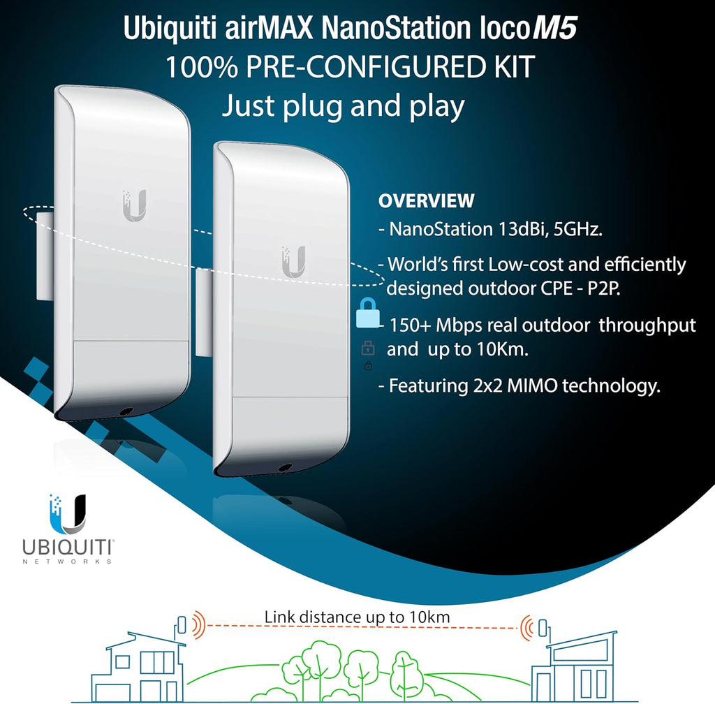 Wireless Bridge Ubiquiti LOCOM5 PRE-CONFIGURED, Bundle of 2 Ubiquiti Nanostation LOCO M5, Point to Point Outdoor WiFi Bridge, Plugh and Play, 5GHz, 150+Mbps, 10+km Link Range, Network Bridge.