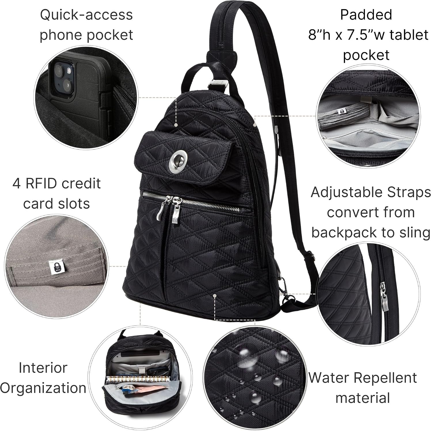 Baggallini Naples Convertible Backpack - Travel Sling Crossbody - 12' Nylon Handbag w/RFID & Padded Tablet Sleeve
