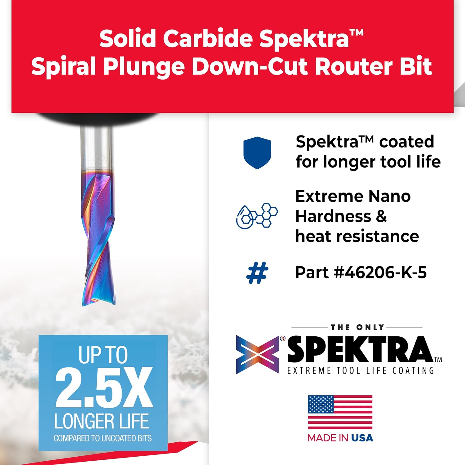 Amana Tool 46206-K-5, 5-Pack SC Spektra Extreme Tool Life Coated Spiral Plunge 1/2 Dia x 1-1/4 CH x 1/2 SHK 3 Inch Long Down-Cut Router Bits