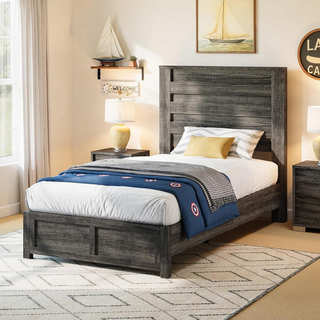 AMERLIFE Farmhouse Twin Platform Bed Frame with 49' Fluted Headboard, Wooden Bed with Natural Grain Finish, Noise-Free, No Box Spring Required, Easy Assembly, Grey