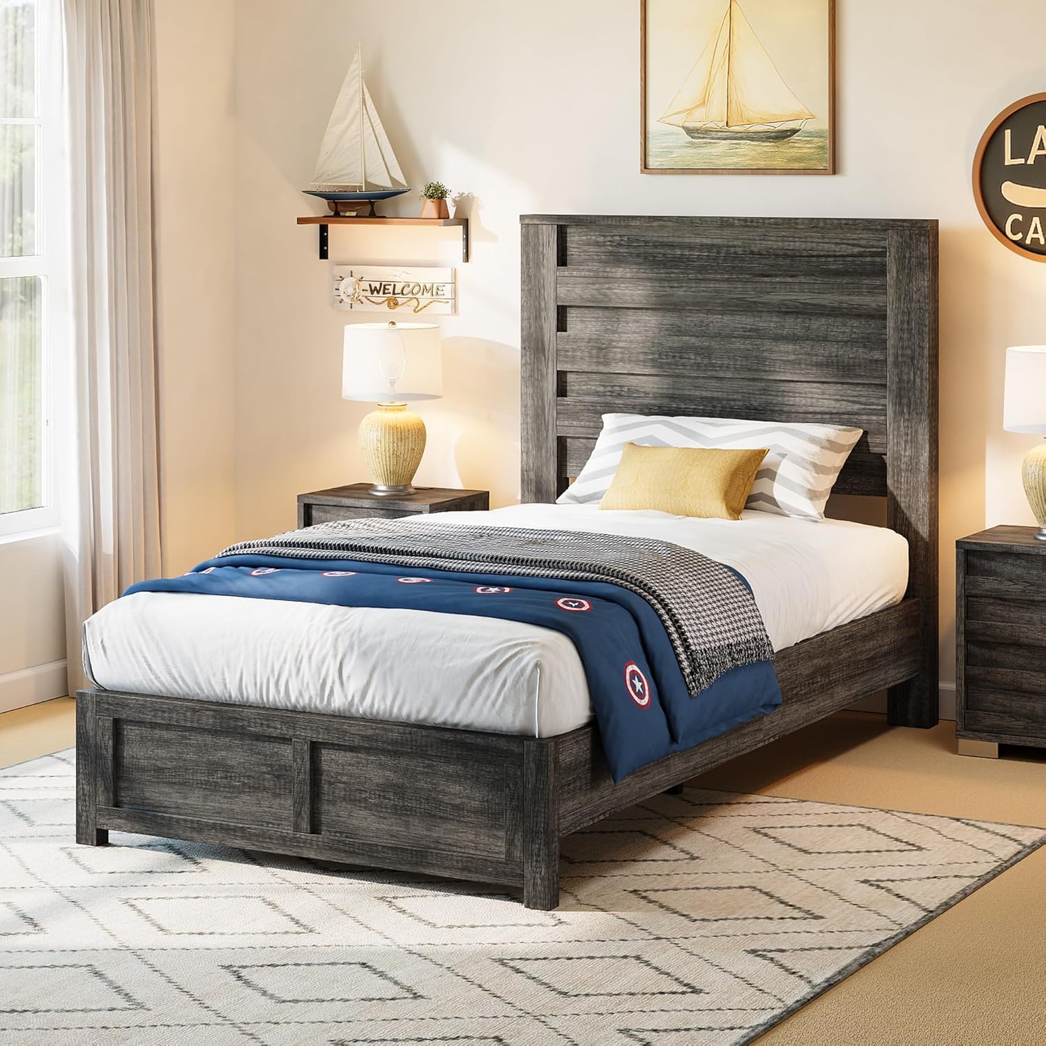 AMERLIFE Farmhouse Twin Platform Bed Frame with 49' Fluted Headboard, Wooden Bed with Natural Grain Finish, Noise-Free, No Box Spring Required, Easy Assembly, Grey