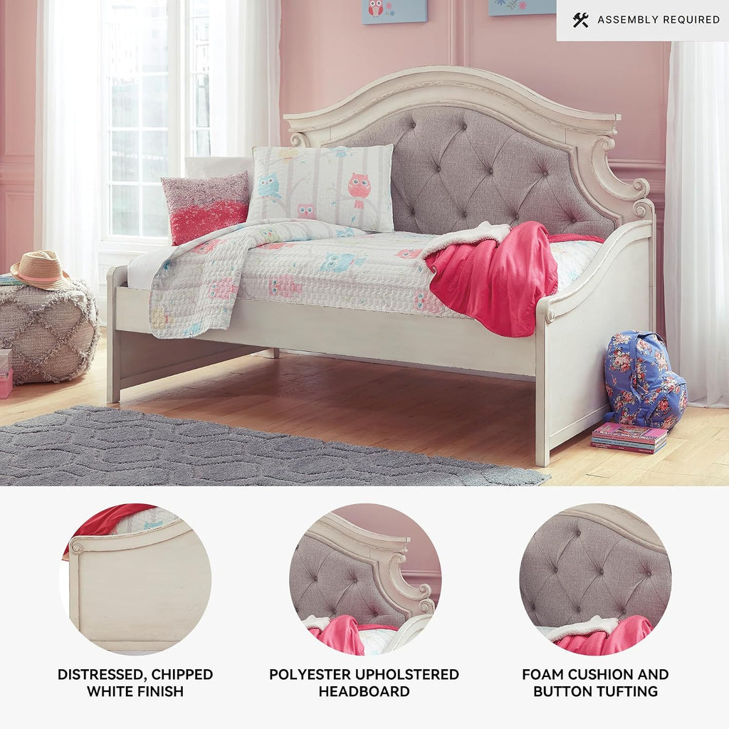 Signature Design by Ashley Realyn French Country Upholstered Tufted Day Bed, Twin, White & Beige