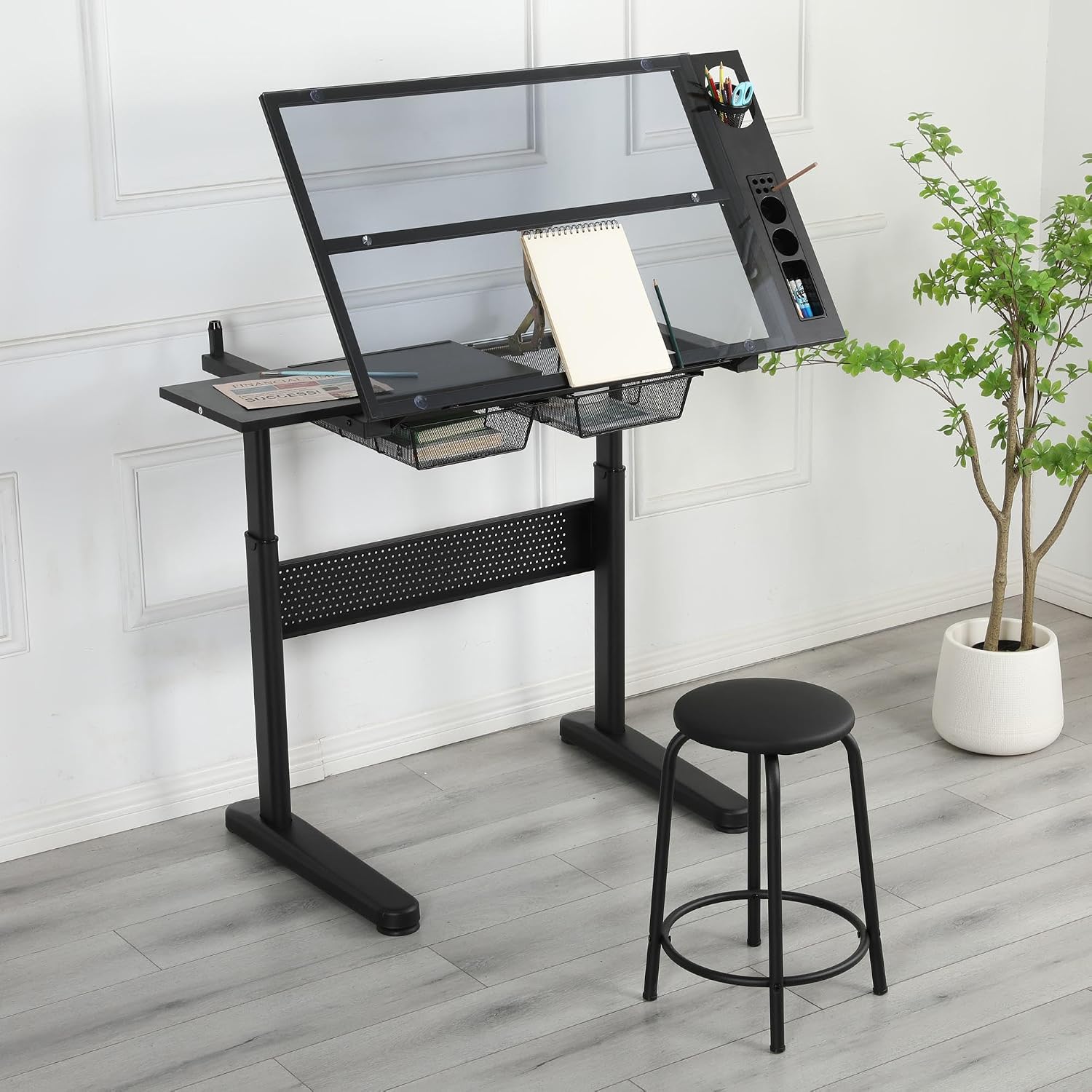 GDFStudio Drafting Table with Extended Desktop & 2 Metal Drawers, Adjustable Height Art Craft Desk with Storage, Tilted Tempered Glass Table Top Diamond Painting with Stool for Home Office, Black