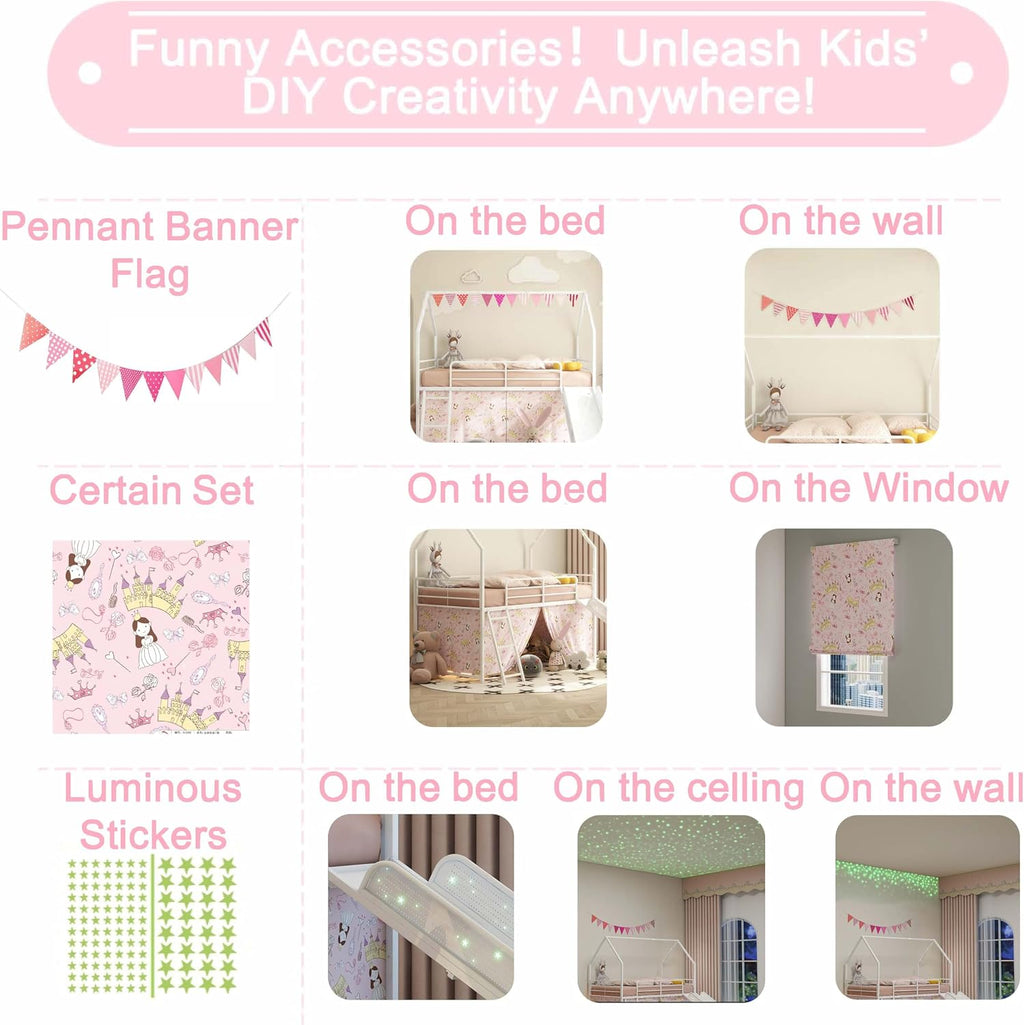 Twin Size House Loft Bed with Slide and Curtain Set, Metal Loft Bed with Ladder and Rails for Bedroom Guest Room, Noise Reduced, White and Pink