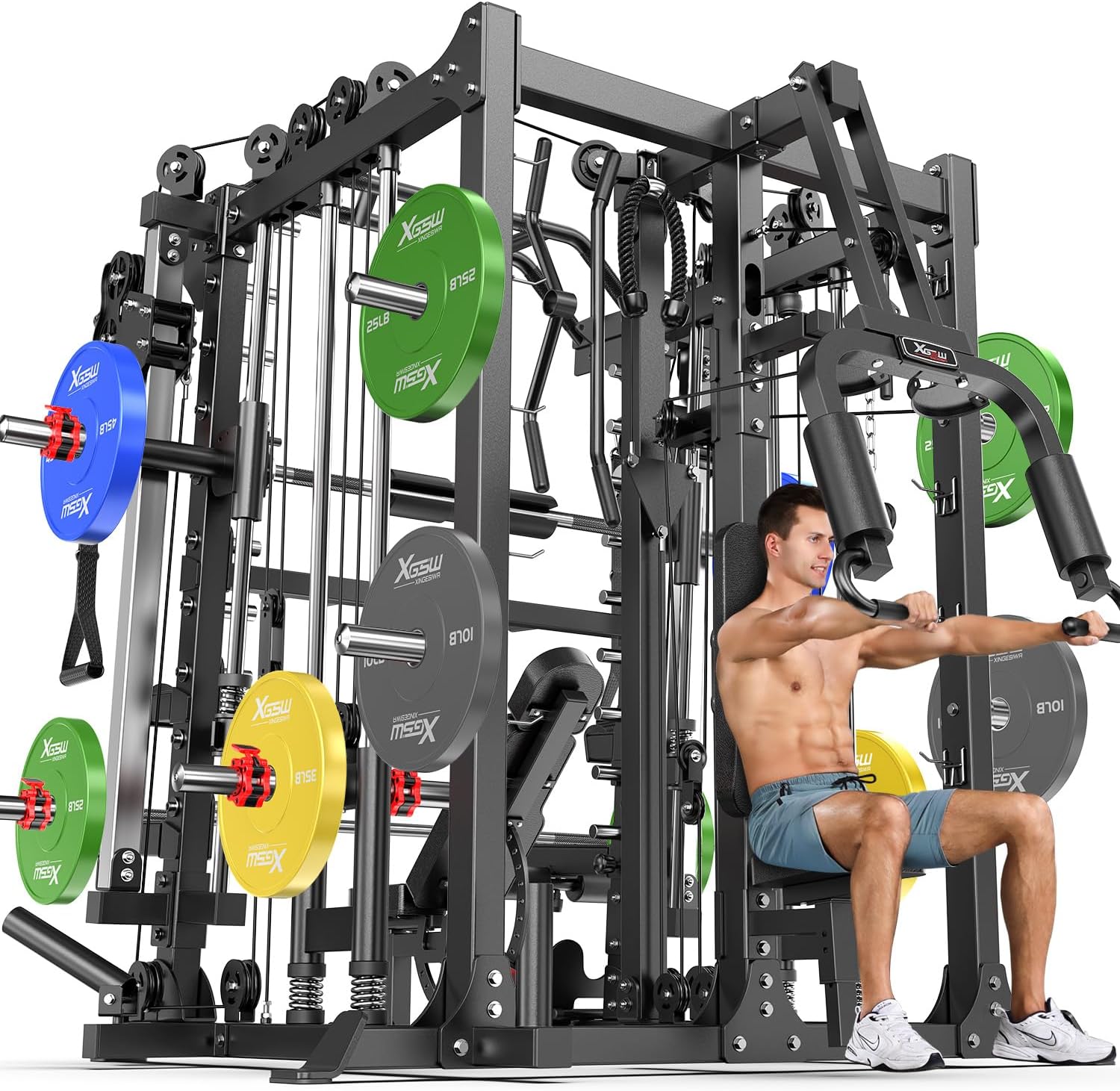 Multi-Purpose Squat Rack,Smith Machine Weight Rack Set with Cable Crossover System, Home Gym Power Racks, Power Racks and Packages