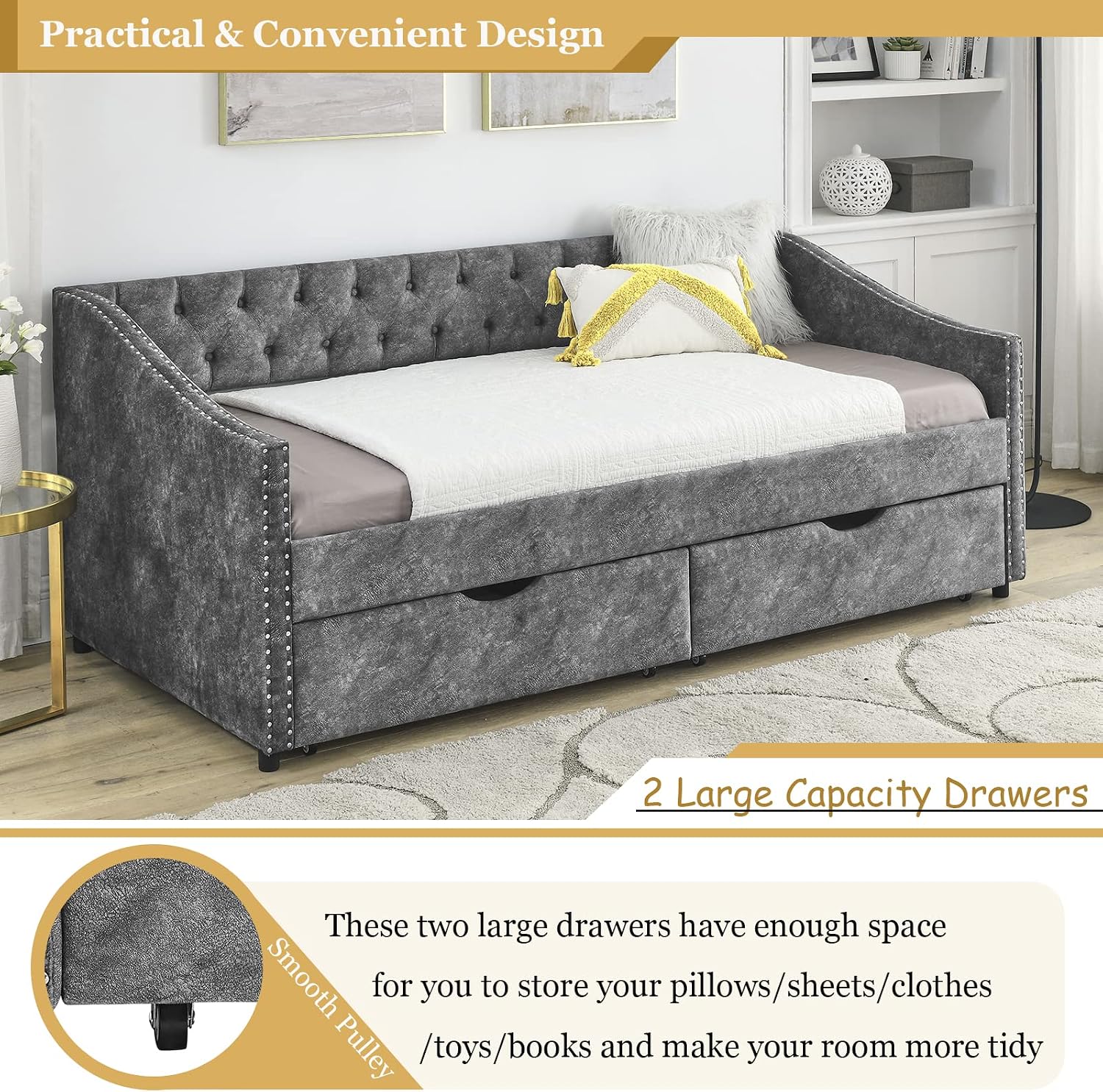 Wood Twin Daybed, Day Bed Frame with 2 Storage Drawers, Upholstered Twin Bed Frame Sofa Couch with Button and Nailhead Design for Bedroom Guest Room, No Box Spring Needed, Grey