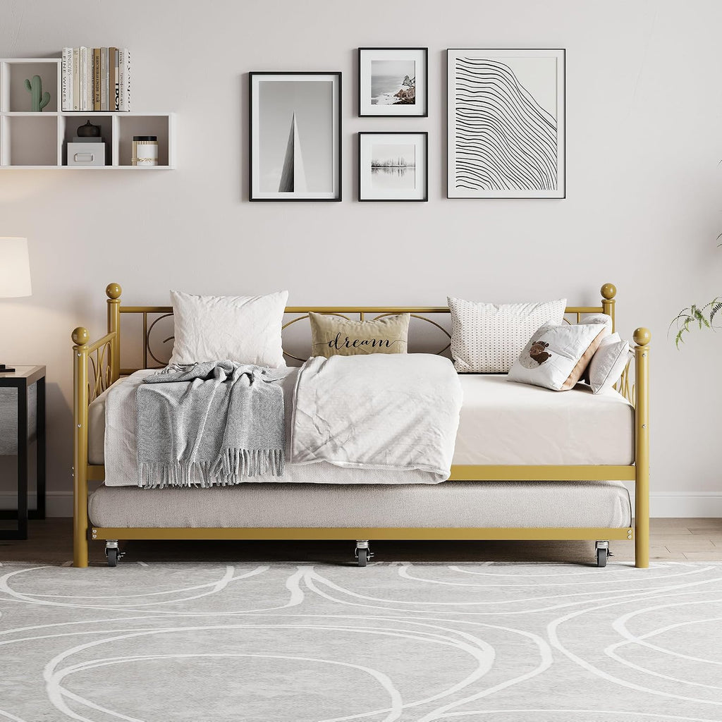 TrailBlaze Modern Space-Saving Twin Metal Daybed with Pull-Out Trundle - Heavy Duty Steel Slats, Floral Headboard, No Box Spring Needed, Sofa Bed for Living Room or Guest Room - Set Gold, Twin Size