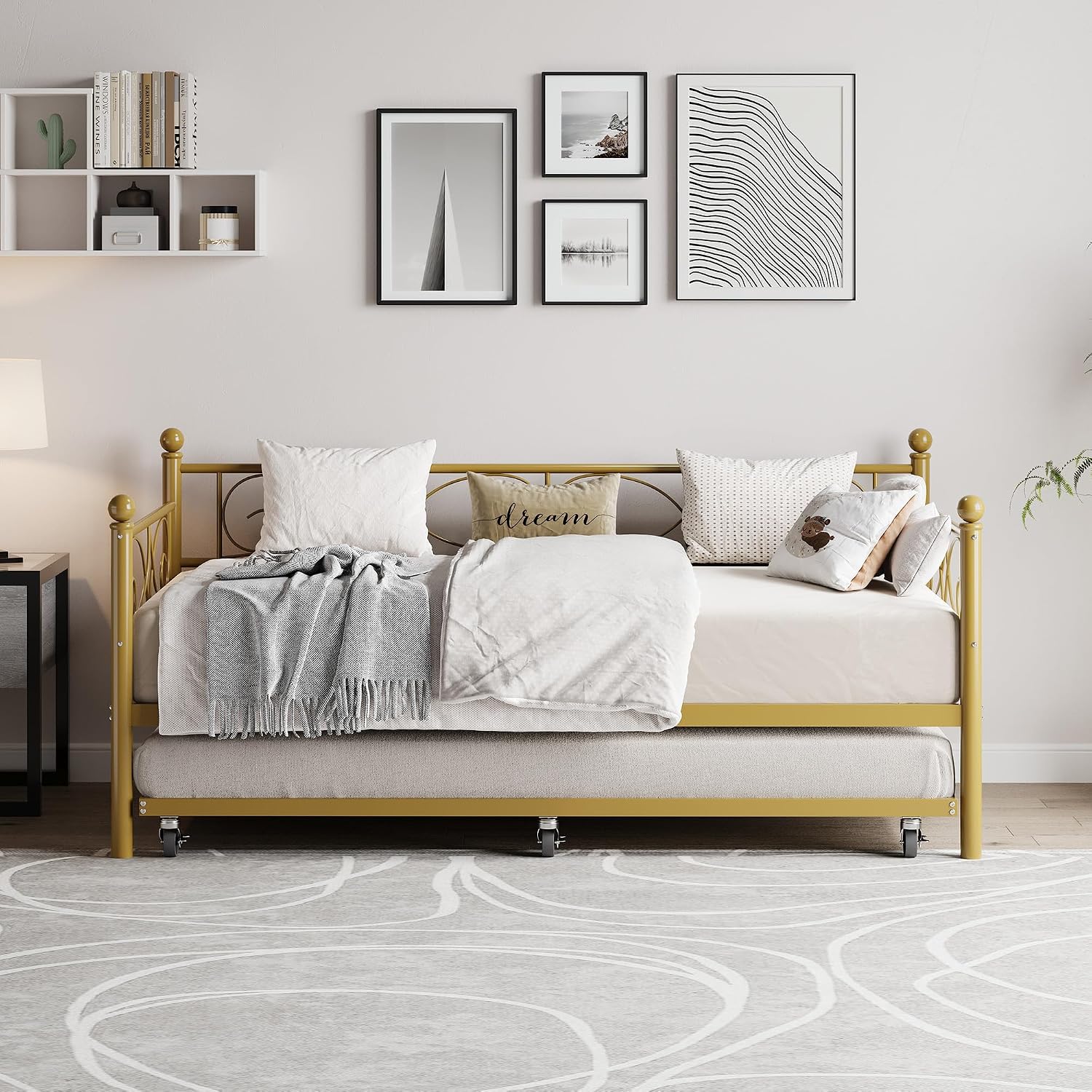 TrailBlaze Modern Space-Saving Twin Metal Daybed with Pull-Out Trundle - Heavy Duty Steel Slats, Floral Headboard, No Box Spring Needed, Sofa Bed for Living Room or Guest Room - Set Gold, Twin Size