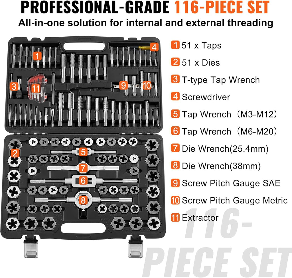Happybuy 116-Piece Tap and Die Set, Metric & SAE, Bearing Steel Taps & Dies, Threading Tool for External & Internal Threads, Accessories & Storage Case