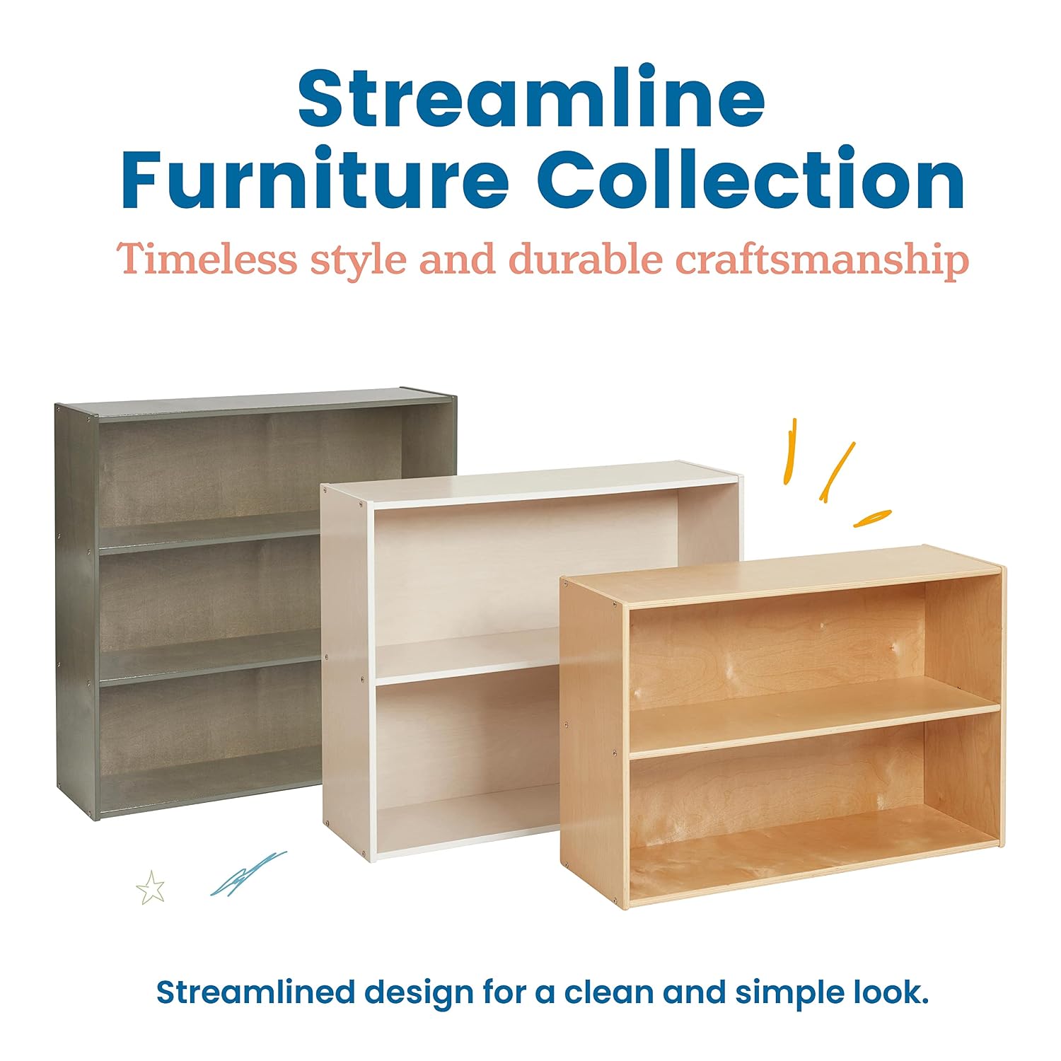 ECR4Kids Streamline 2-Shelf Single-Sided Storage Cabinet, 24in, Classroom Furniture, Grey Wash