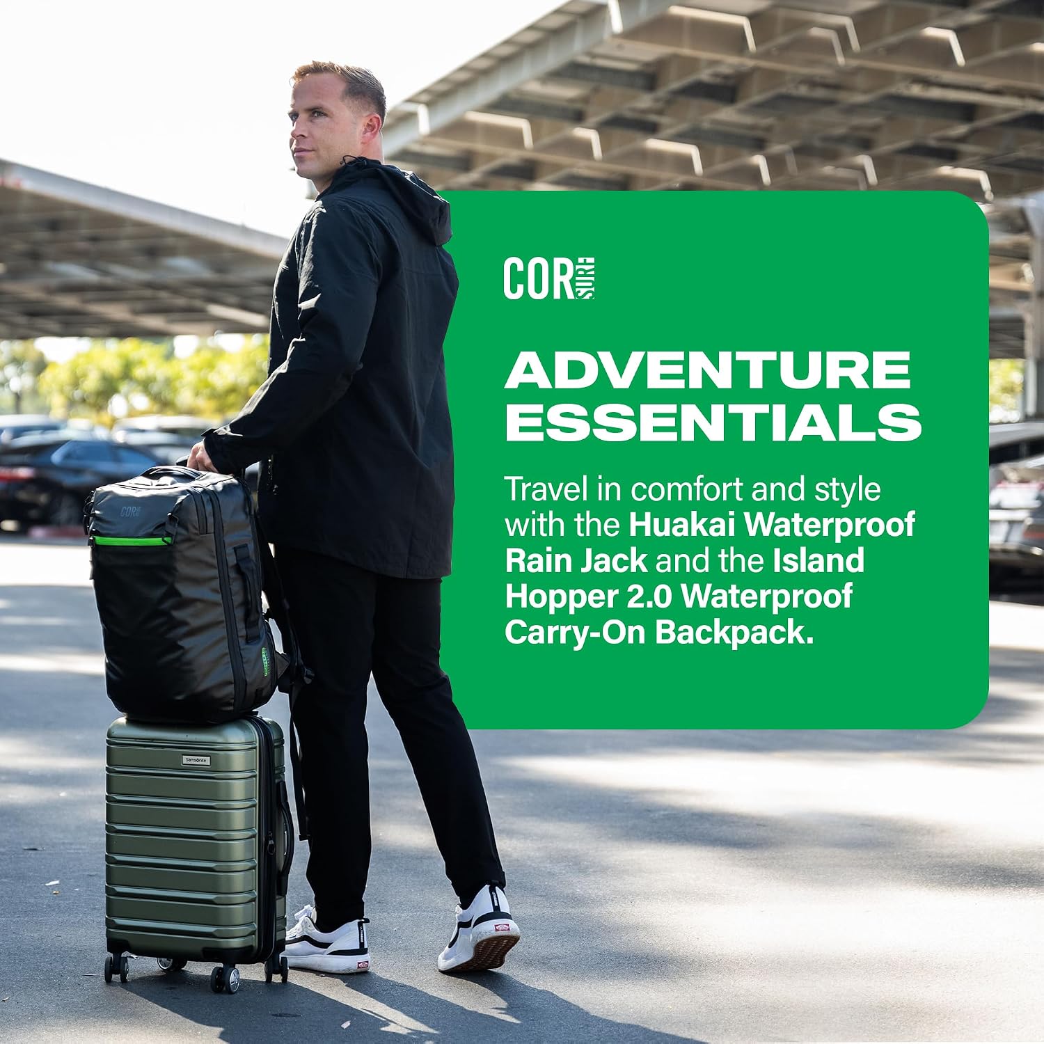 COR Surf Travel Backpack Carry On Backpack for Airplanes - Island Hopper 2.0 - Travel Backpack with Clamshell Design -Black with Green Zipper