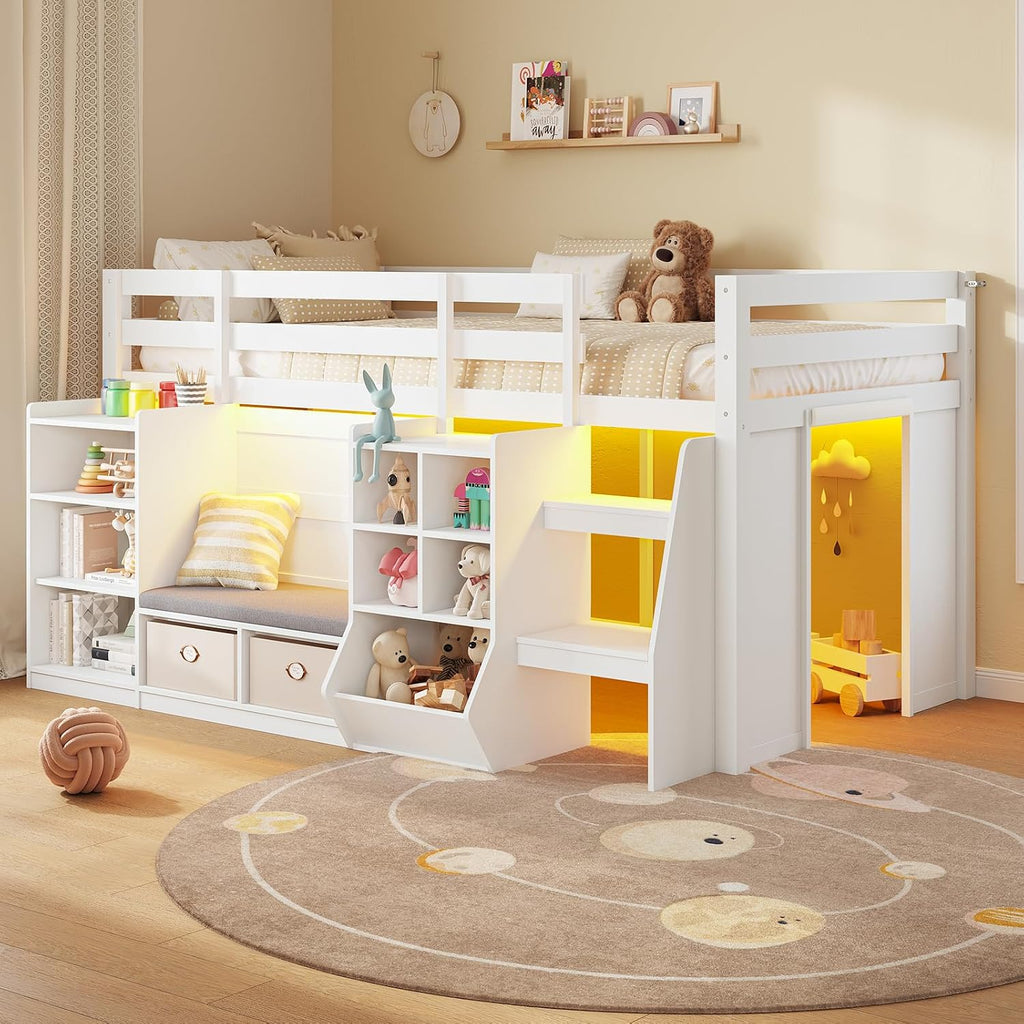 Low Loft Bed Twin Size with LED Lights, Wooden Kids Twin Loft Bed with Storage Bookcase, Toy Box, Reading Nook and Secret Play Space, Modern loft Bed with Stairs and Safety Guardrails for Boys Girls