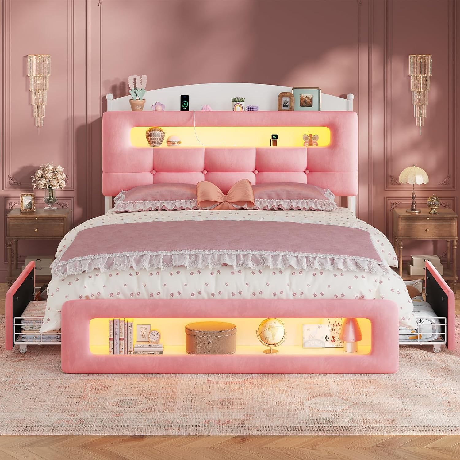 UPOSOJA Full Size Upholstered Platform Bed Frame with 2 Drawers LED Lighting, Storage Headboard and Footboard, Remote/App Control, No Box Spring Needed,Pink,(Full)