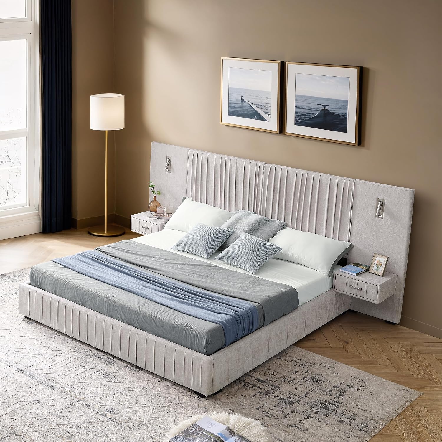 Merax Chenille Upholstered Queen Size Bed Frame with Wide Headboard and 2 Small Nightstands, Low Platform Bed Frame with Small Reading Lamp and Pleating Design for Adults, No Box Spring Needed, Beige