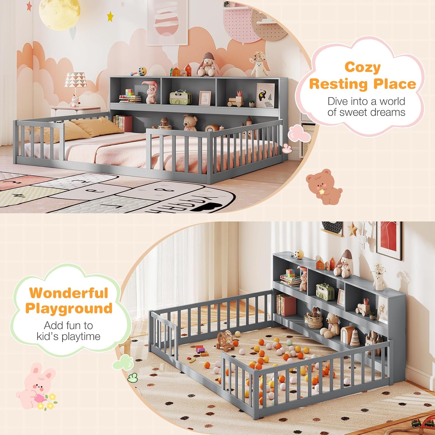 BECOMFORT Full Size Floor Bed for Kids, 2-in-1 Kids Wood Bed Frame with Bedside Bookcase & Safety Guardrails, Montessori Bed for Boys Girls