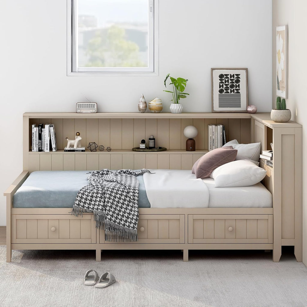 Twin Size Lounge Daybed with Storage Shelves and 3 Drawers, Wooden Sofa Bed Frame with Slat Support for Apartment, Bedroom, Guest Room, No Box Spring Required